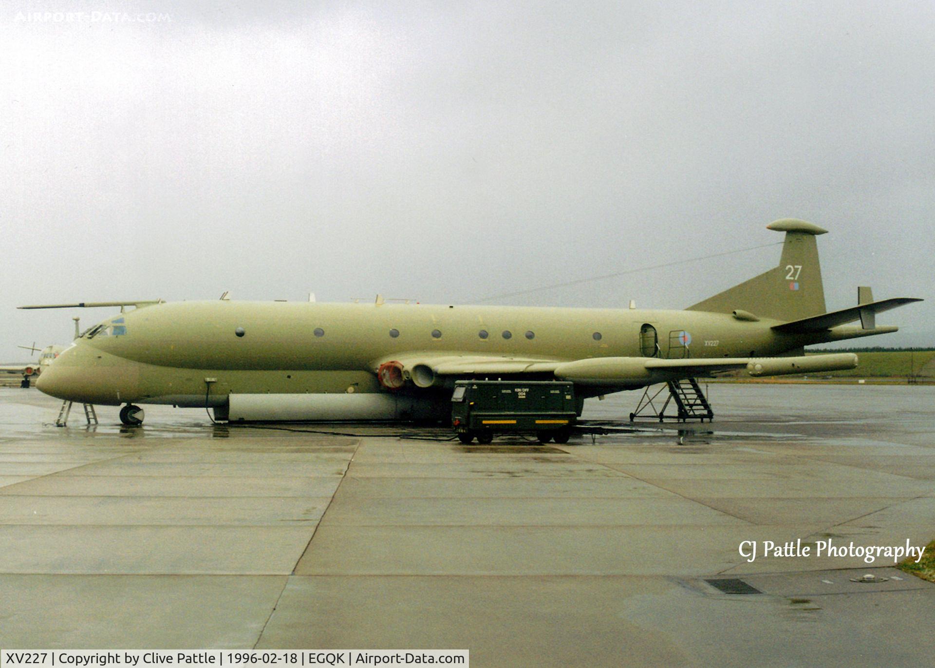 XV227, Hawker Siddeley Nimrod MR.2P C/N 8002, Scanned from print - Nimrod XV227 of Kinloss Maritime Wing sits on the apron at EGQK Feb '96