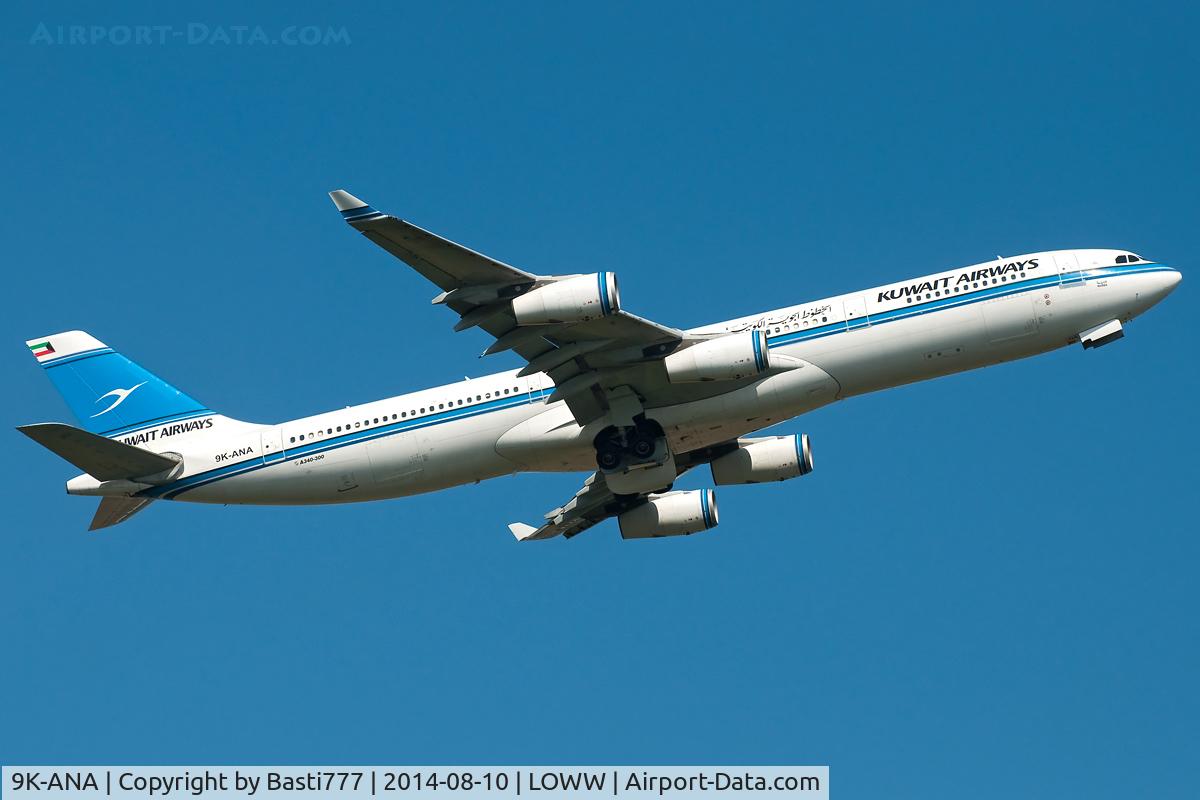 9K-ANA, 1995 Airbus A340-313 C/N 089, Kuwait Airways Airbus A340-313 depart @RWY 16 in LOWW
