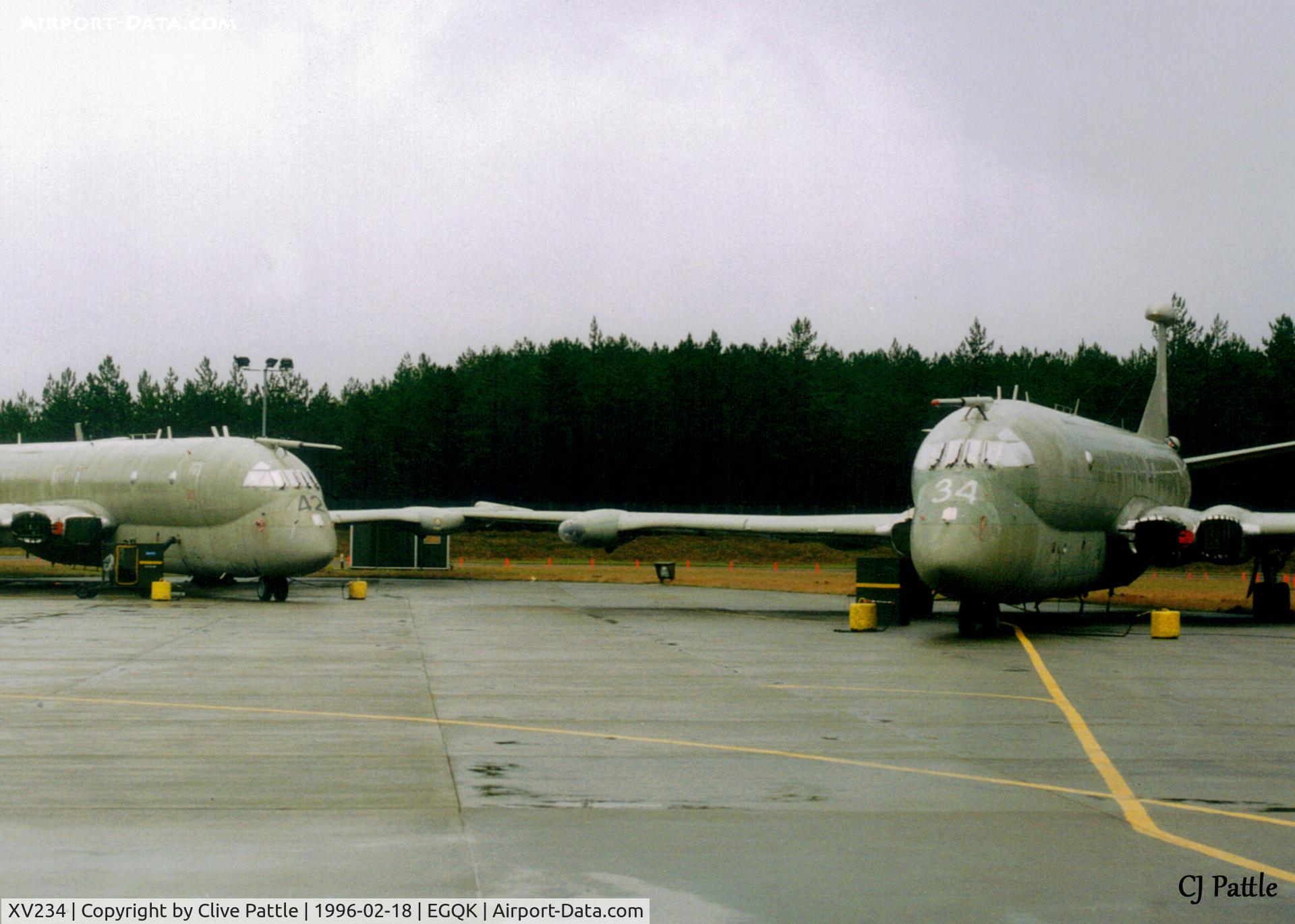 XV234, Hawker Siddeley Nimrod MR.2 C/N 8009, Scanned from print - Nimrod MR.2's XV234 (right ) and XV242 (left) in store on the Northern Dispersal Loop at RAF Kinloss (EGQK) Feb '96. Both aircraft were later used in the ill-fated Nimrod MR.4A programme and presumably got the chop.