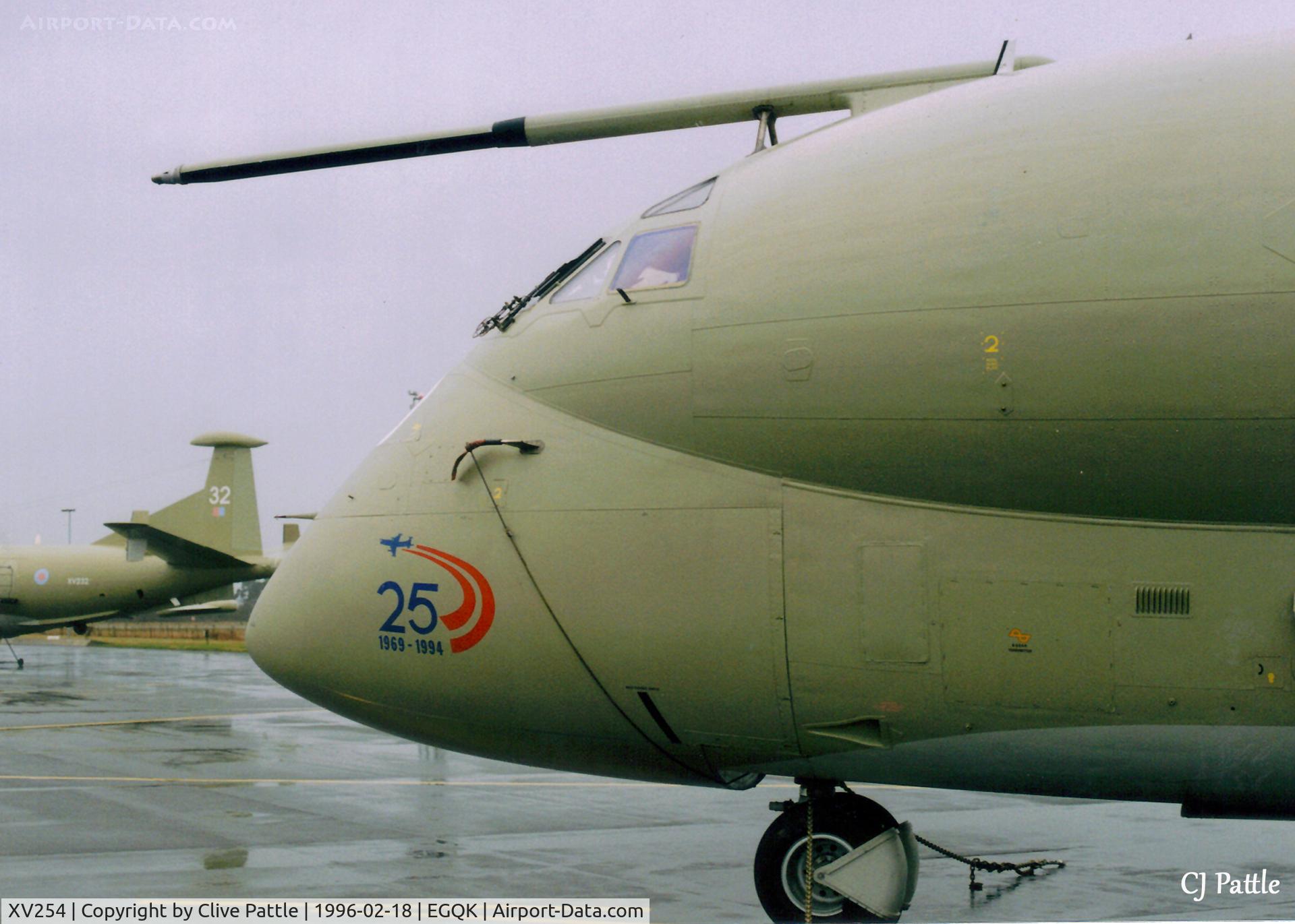 XV254, Hawker Siddeley Nimrod MR.2 C/N 8029, Scanned from print - a close-up of the nose of Nimrod MR.2 XV254 at RAF Kinloss Feb '96. n.b the anniversary markings.