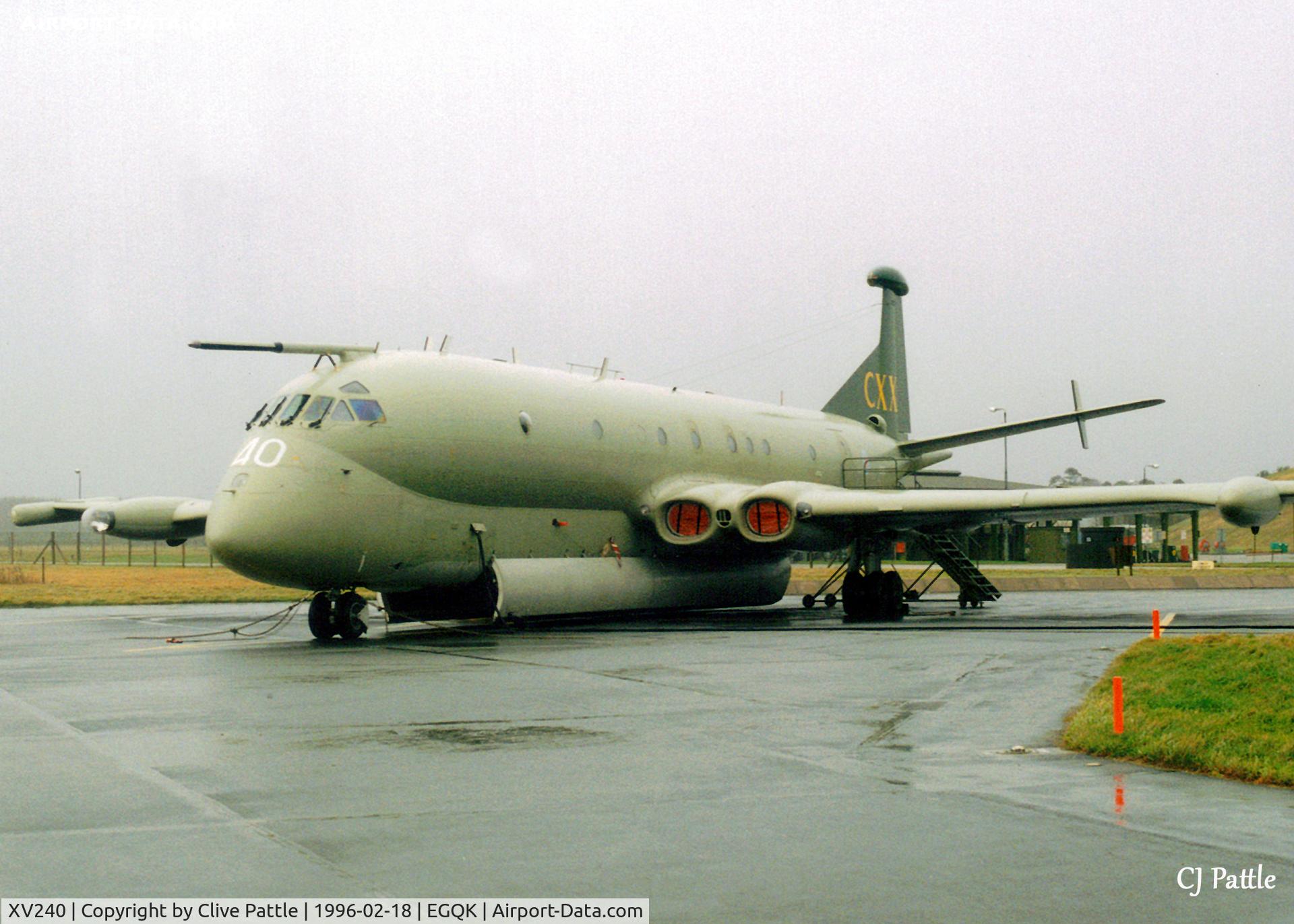 XV240, Hawker Siddeley Nimrod MR.2 C/N 8015, Scanned from print - Nimrod MR.2 XV240 in Special 120 Sqn markings on the ramp at RAF Kinloss (EGQK) Feb 1996.