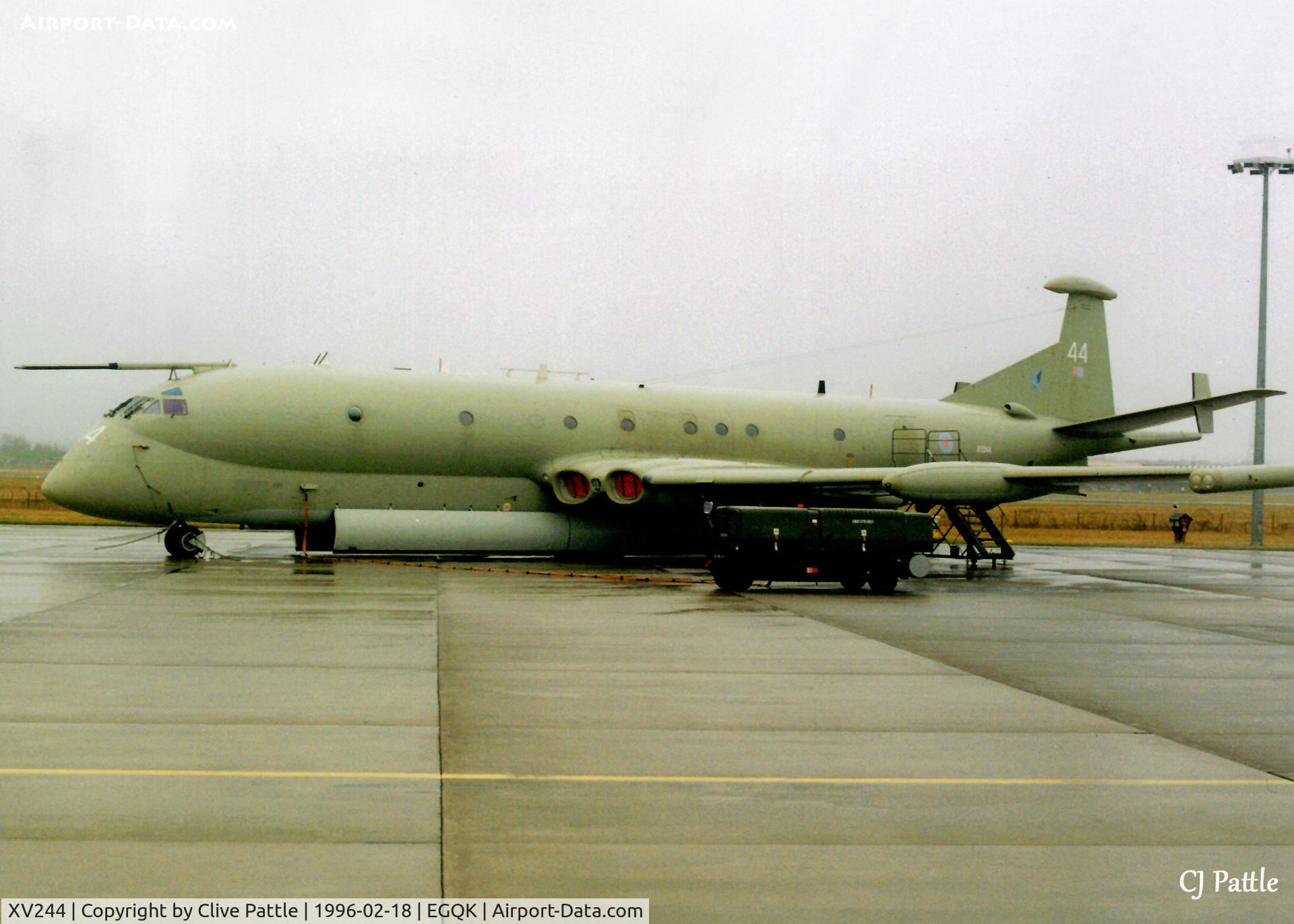 XV244, Hawker Siddeley Nimrod MR.2 C/N 8019, Scanned from print - Nimrode MR.2 XV244 pictured on the ramp at RAF Kinloss EGQK in Feb '96