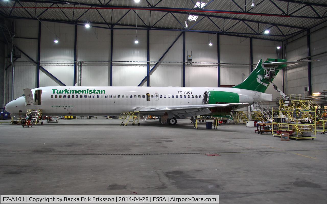 EZ-A101, 2001 Boeing 717-22K C/N 55153, Parked inside the Priority Aero Maintenance hangar.