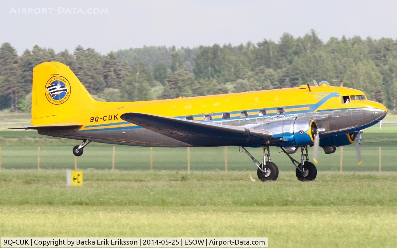 9Q-CUK, 1945 Douglas C-47B Skytrain C/N 16697, Departing to home base Vallentuna after Västerås RollOut Airshow 2014.