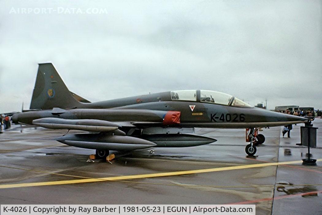 K-4026, 1971 Northrop (Canadair) NF-5B (CL-226) C/N 4026, Northrop NF-5B Freedom Fighter [4026] (Royal Netherlands Air Force) RAF Mildenhall~G 23/05/1981. From a slide.