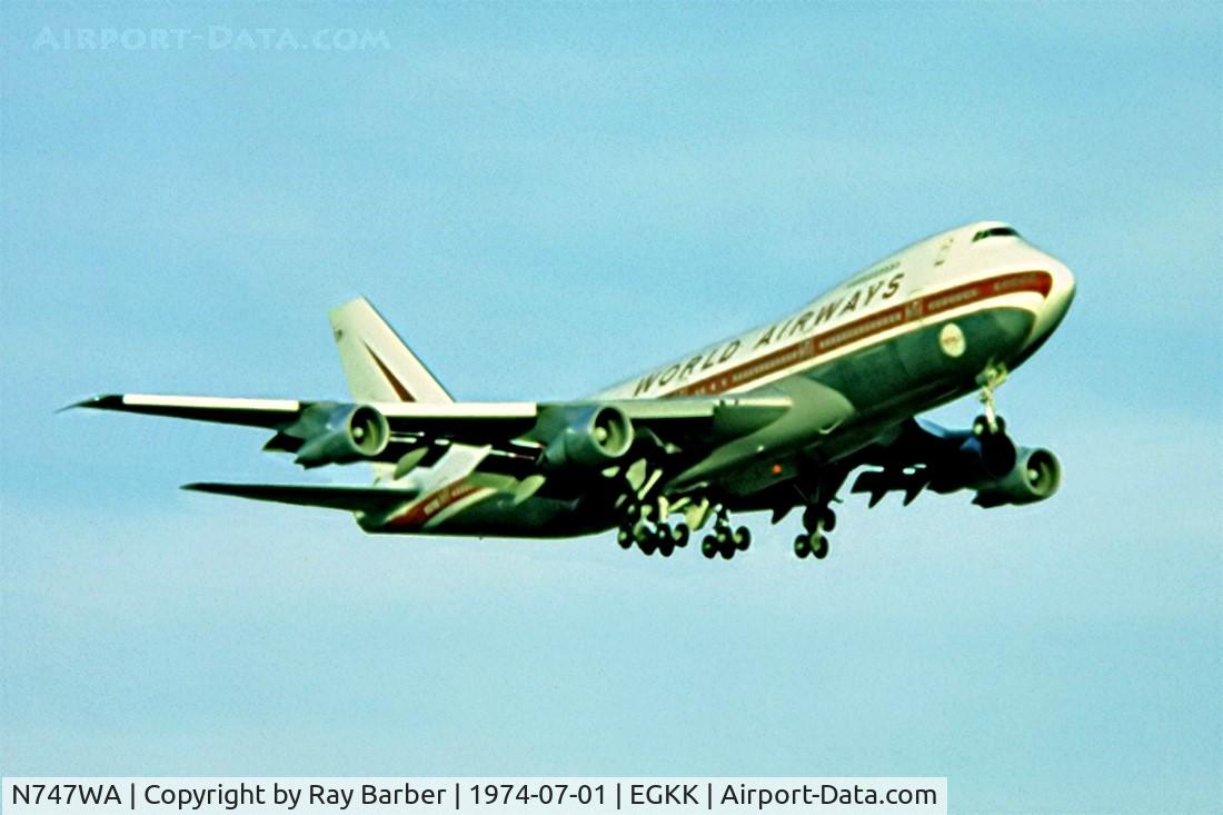 N747WA, 1973 Boeing 747-273C C/N 20651, Boeing 747-273C [20651] (World Airways) Gatwick~G 01/07/1974. From a slide.