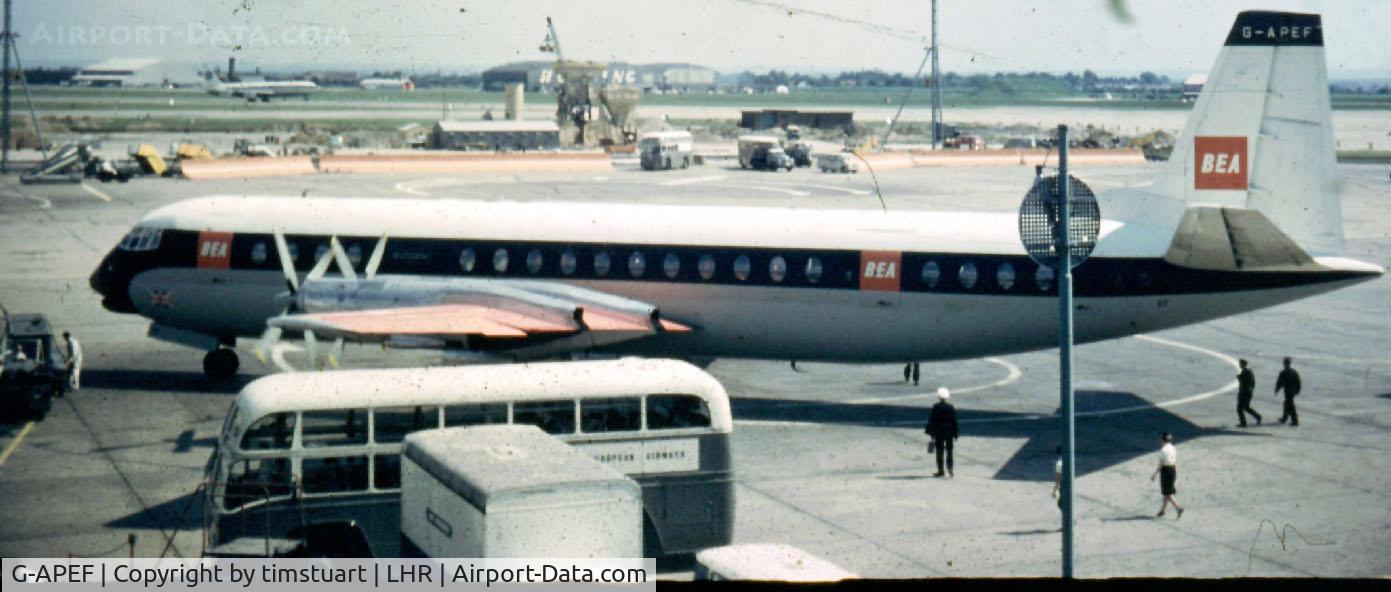 G-APEF, 1960 Vickers Vanguard 951 C/N 709, Vickers Vanguard c 1963 at Heathrow, apparently loading up for flight to a UK destination.