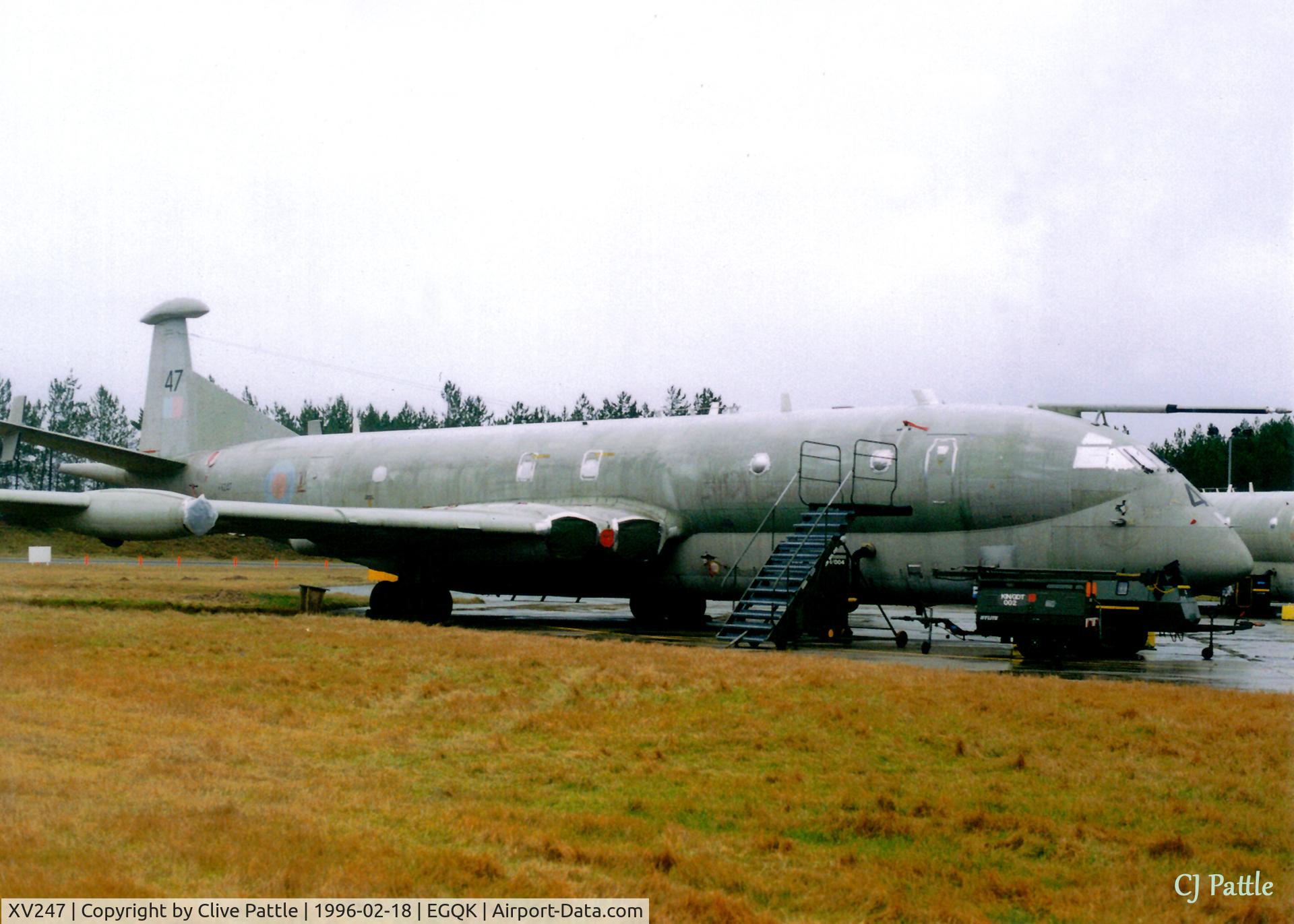 XV247, Hawker Siddeley Nimrod MR.2 C/N 8022, Scanned from print - Mighty Hunter Nimrod MR.2 XV247 in storage at RAF Kinloss Feb '96 - its next duty was to be used in the ill-fated MR.4A programme.