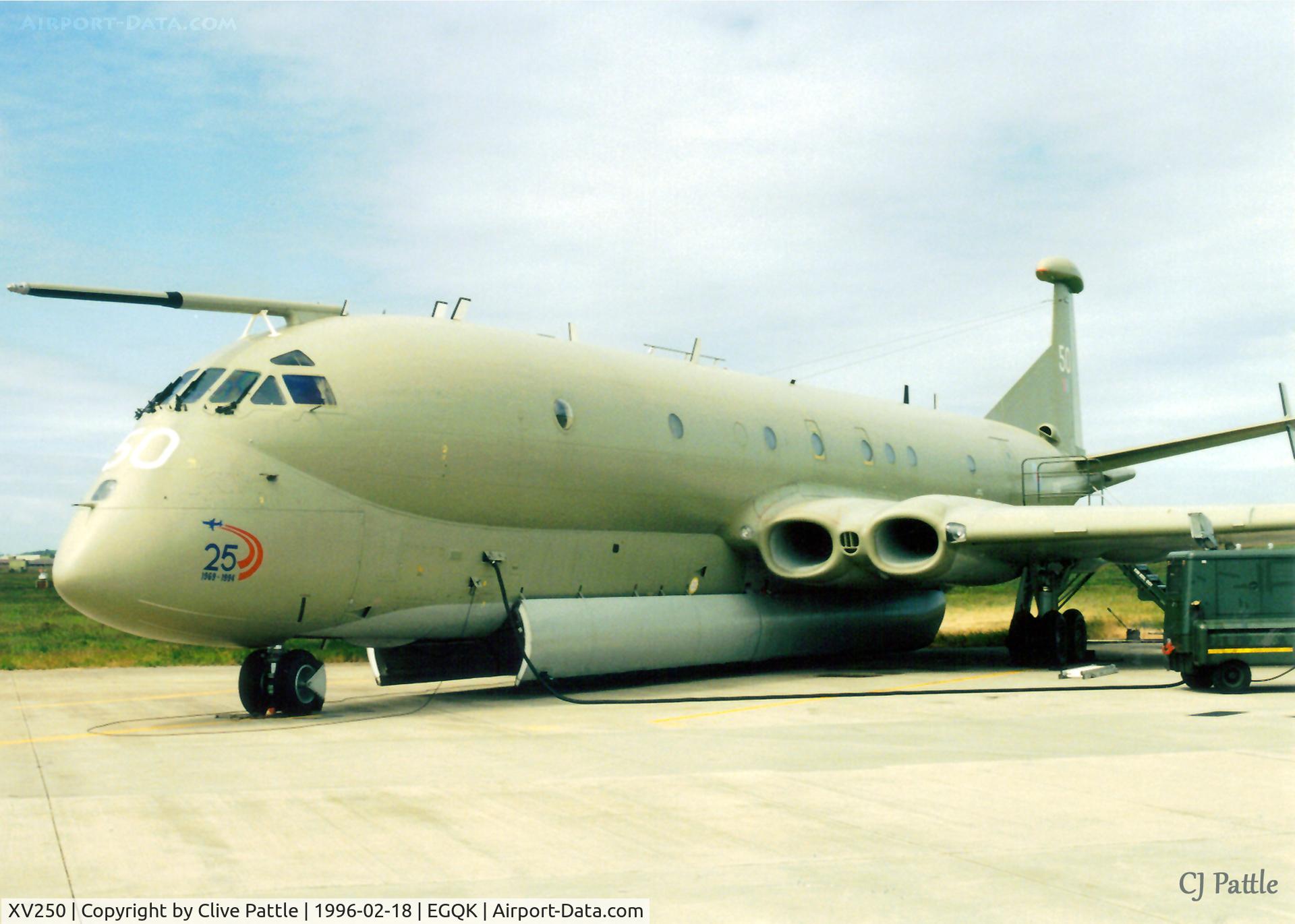 XV250, Hawker Siddeley Nimrod MR.2 C/N 8025, Scanned from print - Nimrod MR.2 XV250 of the Kinloss Maritime Wing pictured on the ramp at RAF Kinloss (EGQK) Feb '96