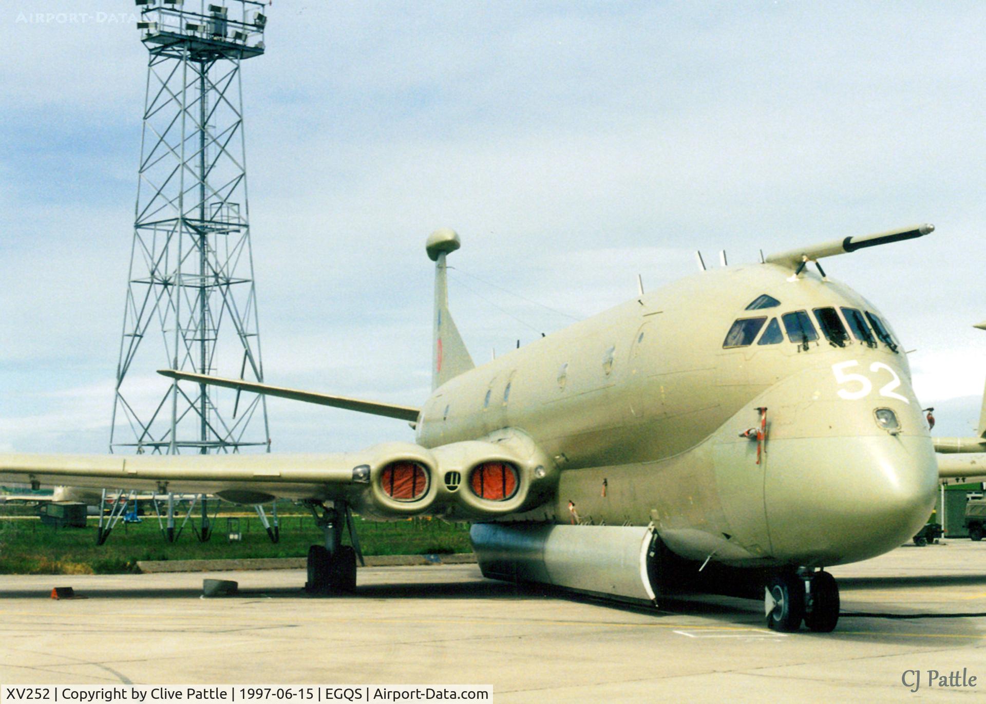 XV252, Hawker Siddeley Nimrod MR.2 C/N 8027, Scanned from print - Nimrod MR.2 XV252 pictured on the ramp at Lossiemouth whilst temp detached during rwy repairs at RAF Kinloss