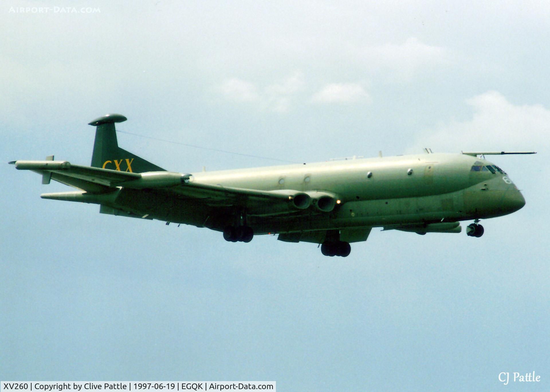 XV260, Hawker Siddeley Nimrod MR.2 C/N 8035, Scanned from print - Nimrod MR.2 XV260 coded in special marks 'CXX' of 120 Sqn RAF, seen landing at RAF Kinloss June '97