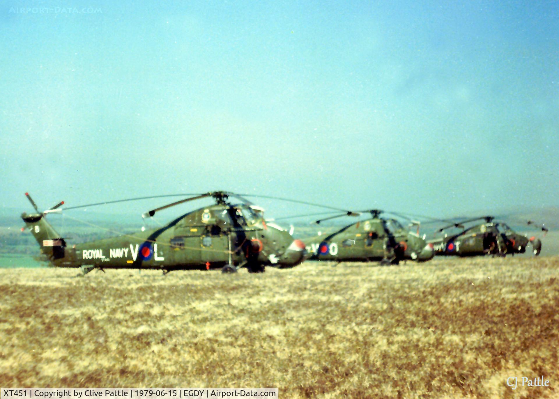 XT451, 1965 Westland Wessex HU.5 C/N WA273, Print scan - apols for poor qual - submitted for historical purposes - Wessex HU.5 XT451 coded V-L/B of 846 NAS with XS520 V-O/B and XS480 V-T/B pictured on training detachment to Okehampton, Devon in June '79