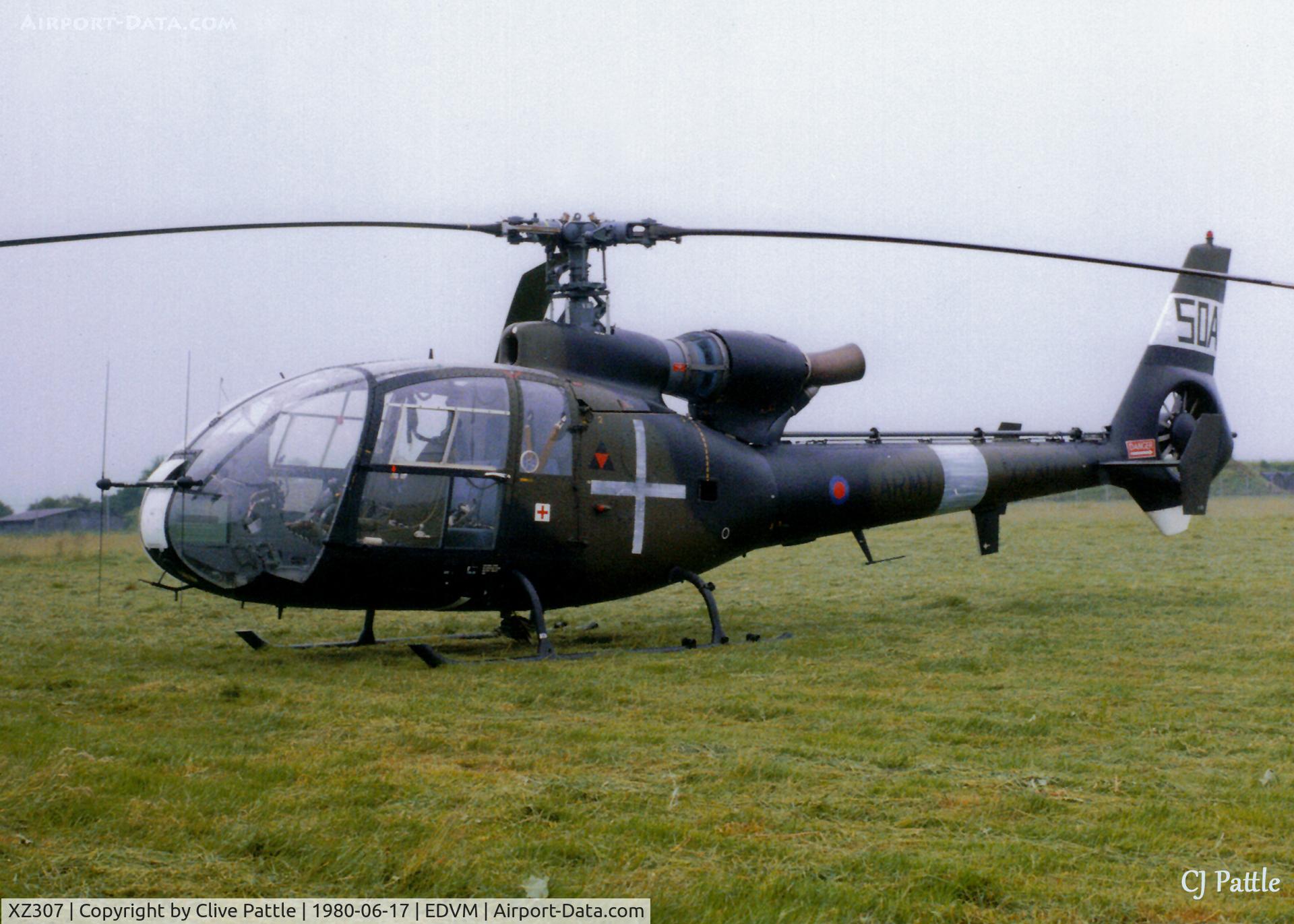 XZ307, 1976 Westland SA-341B Gazelle AH1 C/N 1560, Scanned from print. AAC Gazelle AH.1 XZ307 pictured at former AAC base at Hildesheim, Germany (EDVM) June 1980. Special white markings and callsign '50A' indicate a/c used by umpires during an Exercise. Jan '12 to G-CHBN