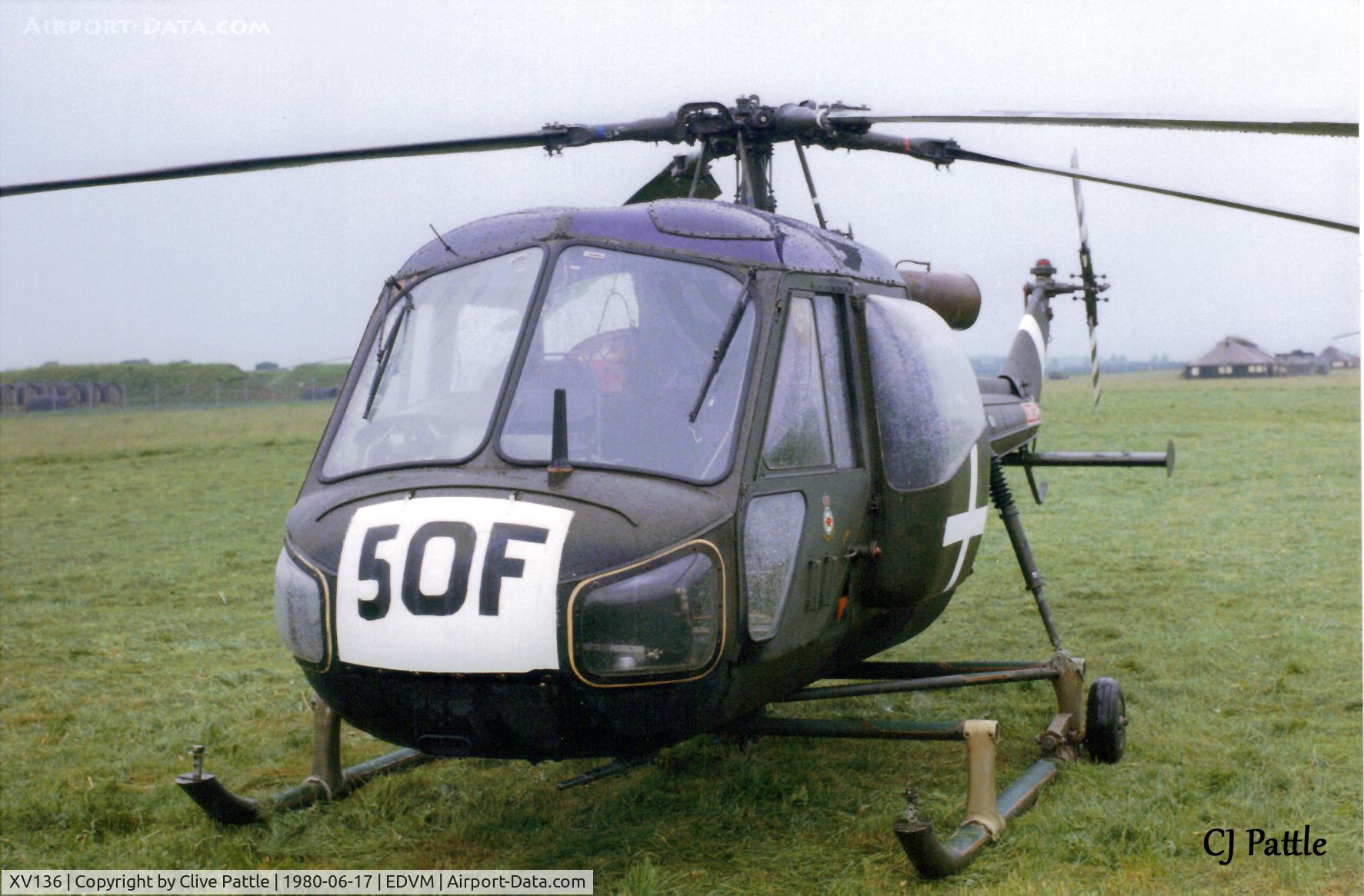 XV136, Westland Scout AH.1 C/N F9711, Scanned from a print. Taken at the then Army Air Corps base at Hildesheim, Germany (EDVM) in June '80 during a large Exercise. The white markings and code '50F' on the nose denote the a/c used by Ex Umpires
