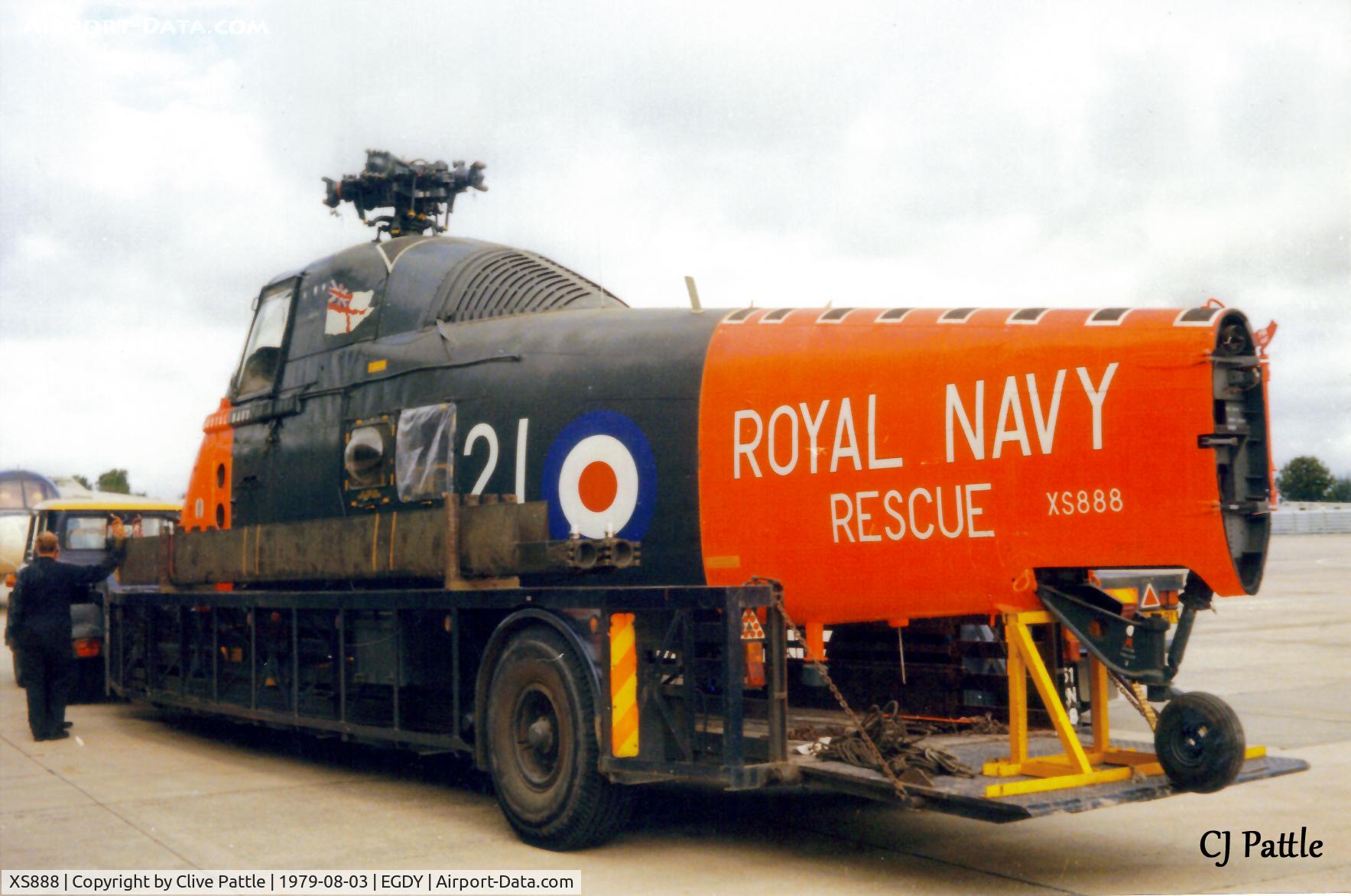 XS888, 1966 Westland Wessex HAS.1 C/N WA268, Scanned from print. Out of service Wessex HAS.1 XS888 coded 521-CU of the Aircraft Engineering School, HMS Daedalus, trailer mounted at RNAS Yeovilton August 1979. This a/c was listed as being with the Guernsey Fire Section in 2011