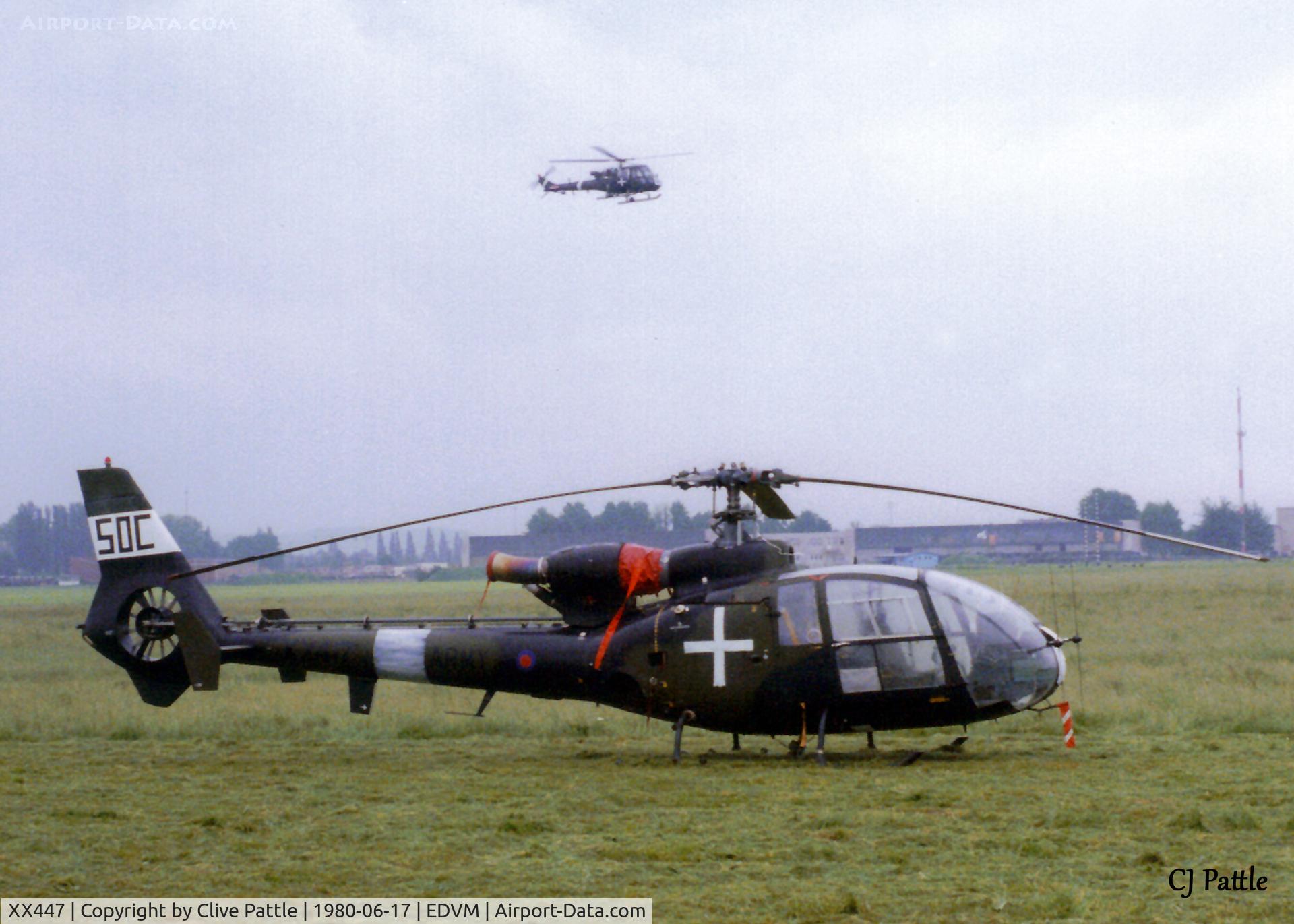 XX447, 1976 Westland SA-341B Gazelle AH1 C/N 1439, Scanned from print. AAC Westland Gazelle AH.1 XX447 coded 50C at AAC Hildesheim, Germany (EDVM) in Jun 1980. The white markings and code indicate the a/c (and the Scout above) were being used by Exercise umpires.