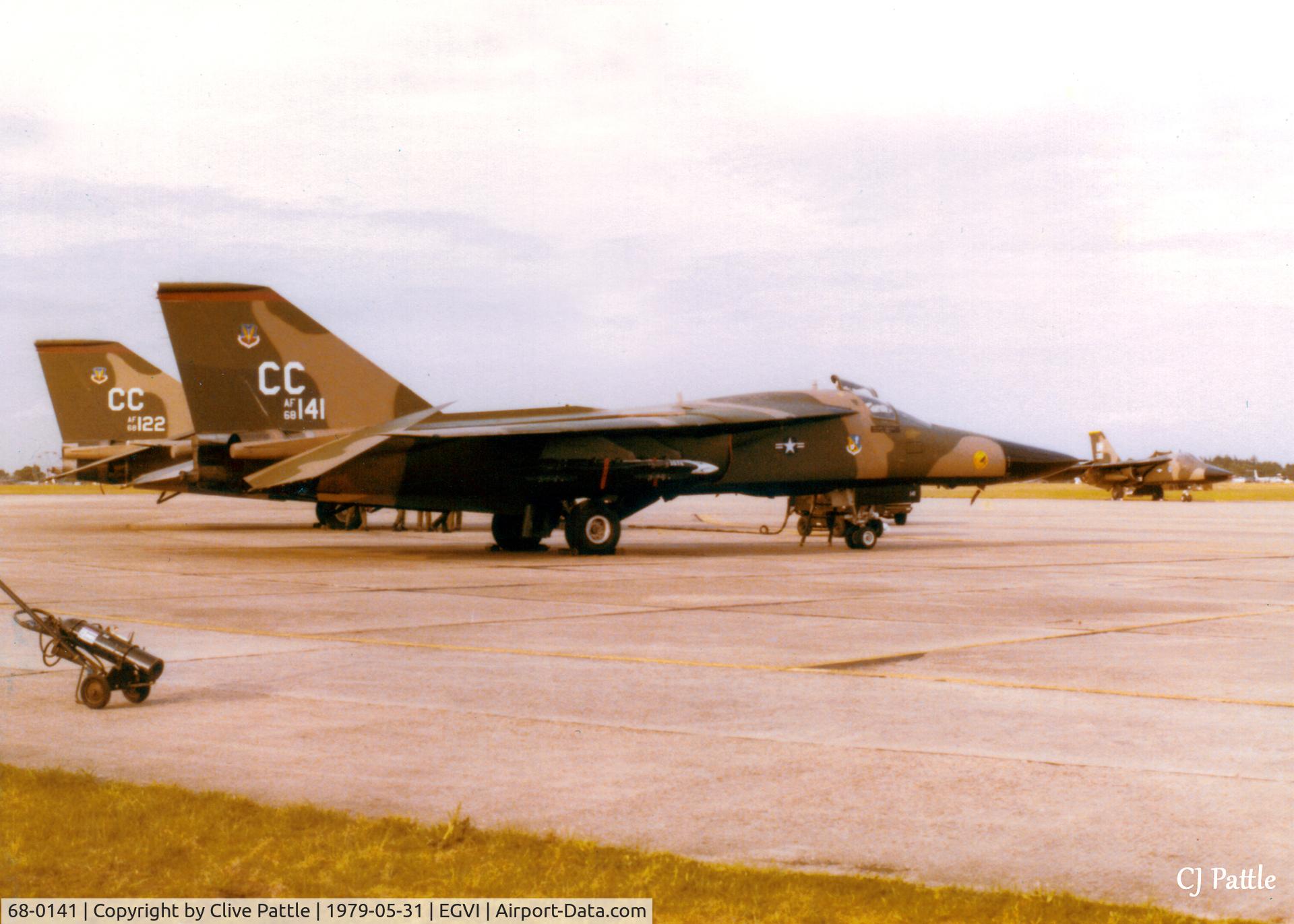 68-0141, 1968 General Dynamics F-111D Aardvark C/N A6-56, Scanned from print. GD F-111D Aardvark 68-141 coded CC of USAF 27th TFW pictured at IAT Greenham Common May '79. Pictured in rear are fellow Sqn stablemate 68-122 and (in distance) 68-0080/UH of 20th TFW at Upper Heyford.