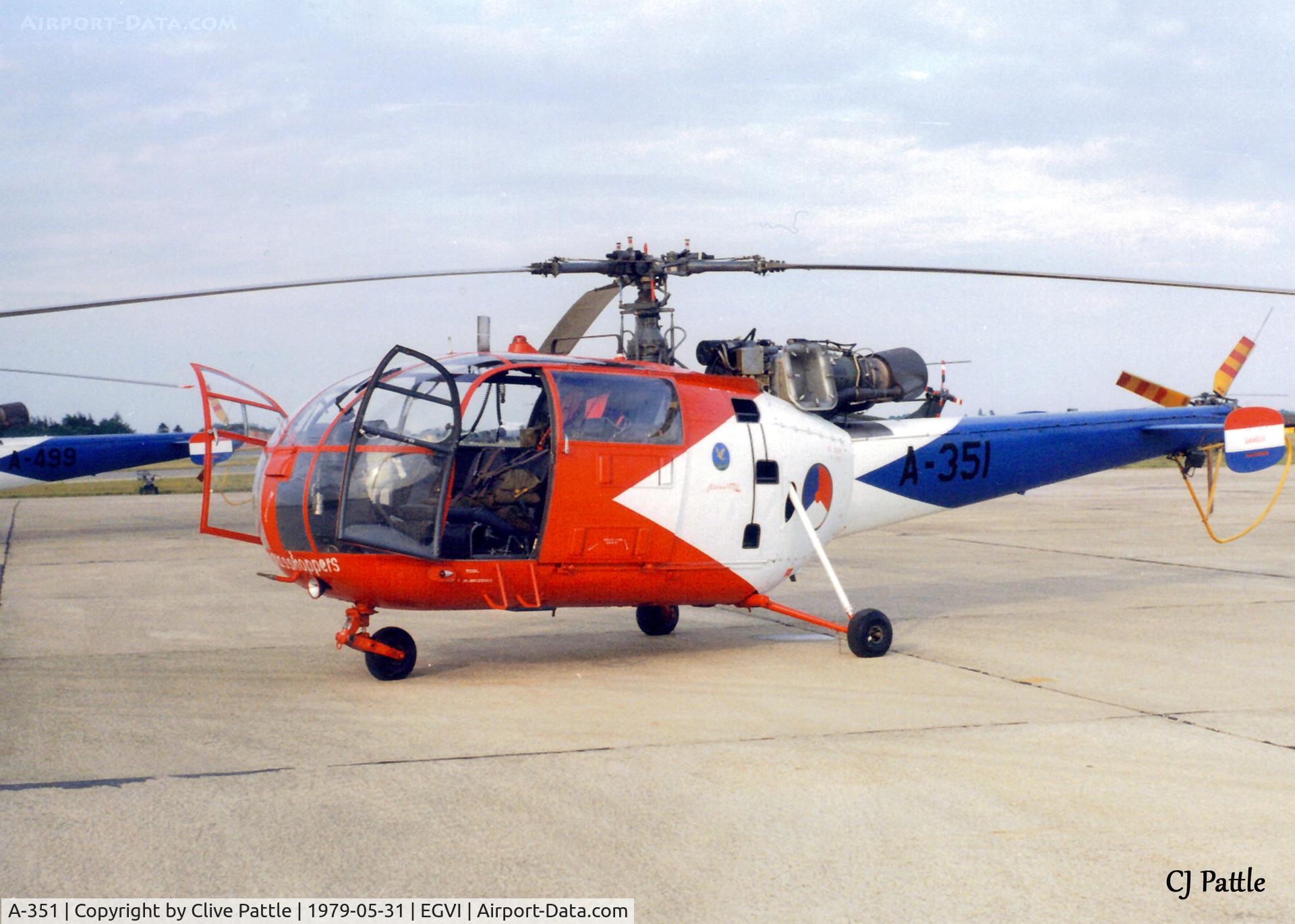 A-351, Aerospatiale SA-316B Alouette III C/N 1351, Scanned from print - RNeth AF Alouette III A-351 of the Grasshopper Team at the IAT Greenham Common EGVI, May 1979.