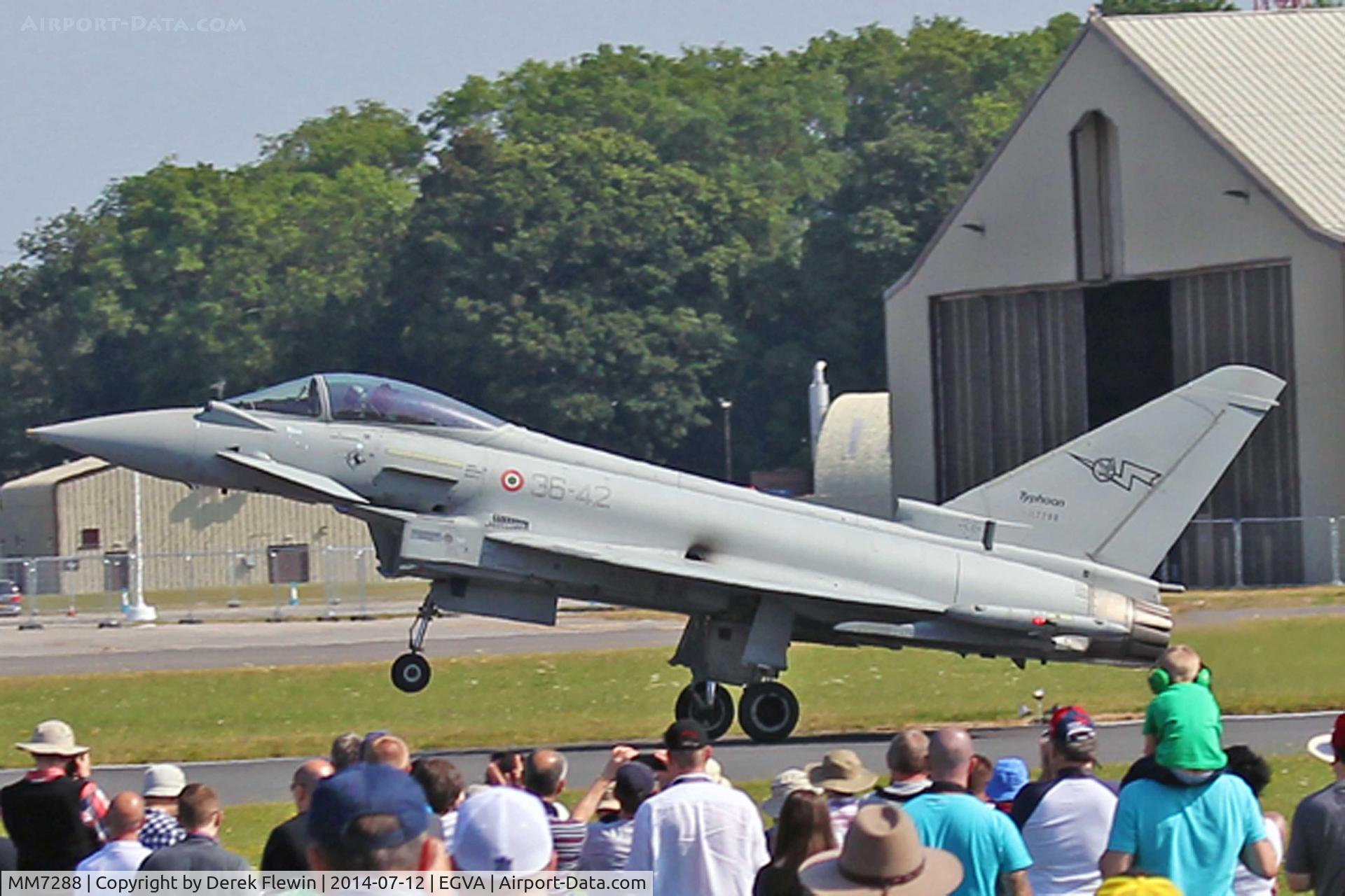 MM7288, Eurofighter EF-2000 Typhoon S C/N IS020, RIAT 2014, Italian Airforce, Practica Di Mare based, RSV-311 Gruppo, EF-2000 Typhoon, Coded 36-42, landing on runway 27 at RAF Fairford.