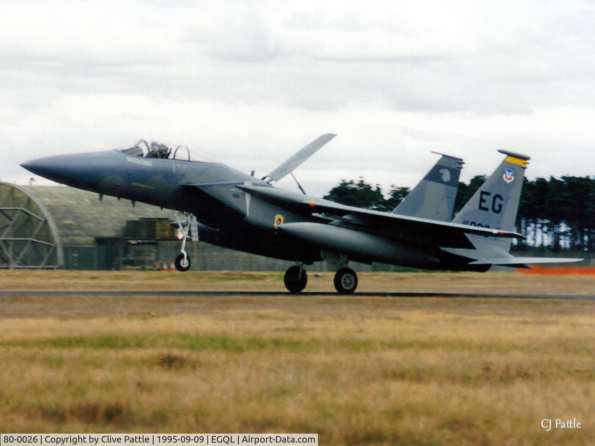 80-0026, McDonnell Douglas F-15C Eagle C/N 0672/C175, Scanned from print. F15C Eagle 80-0026 coded EG of USAF 59FS 33FW lands at RAF Leuchars for the airshow Sep '95.