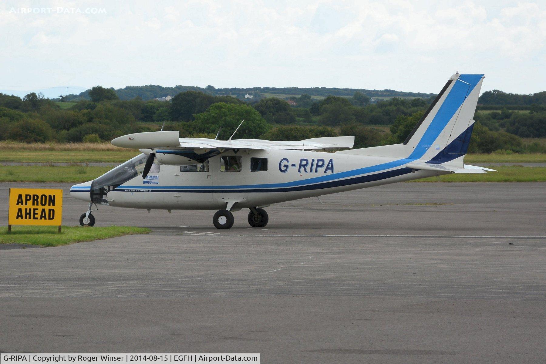 G-RIPA, 2003 Partenavia P-68 Observer C/N 423-23-OB2, Visiting Vulcanair P-68 Observer 2 operated by APEM Aviation. The aircraft is equiped for aerial surveys and remote sensing operations.