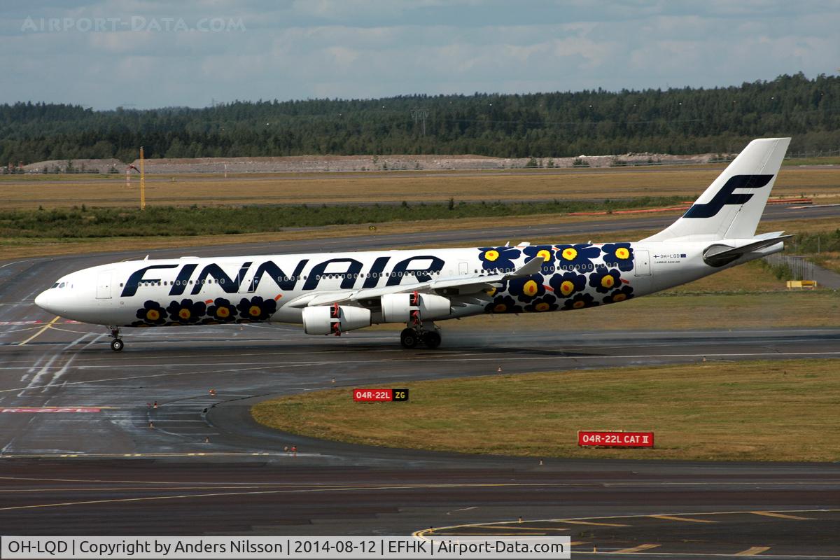 OH-LQD, 2008 Airbus A340-313X C/N 921, Arriving on runway 22L.