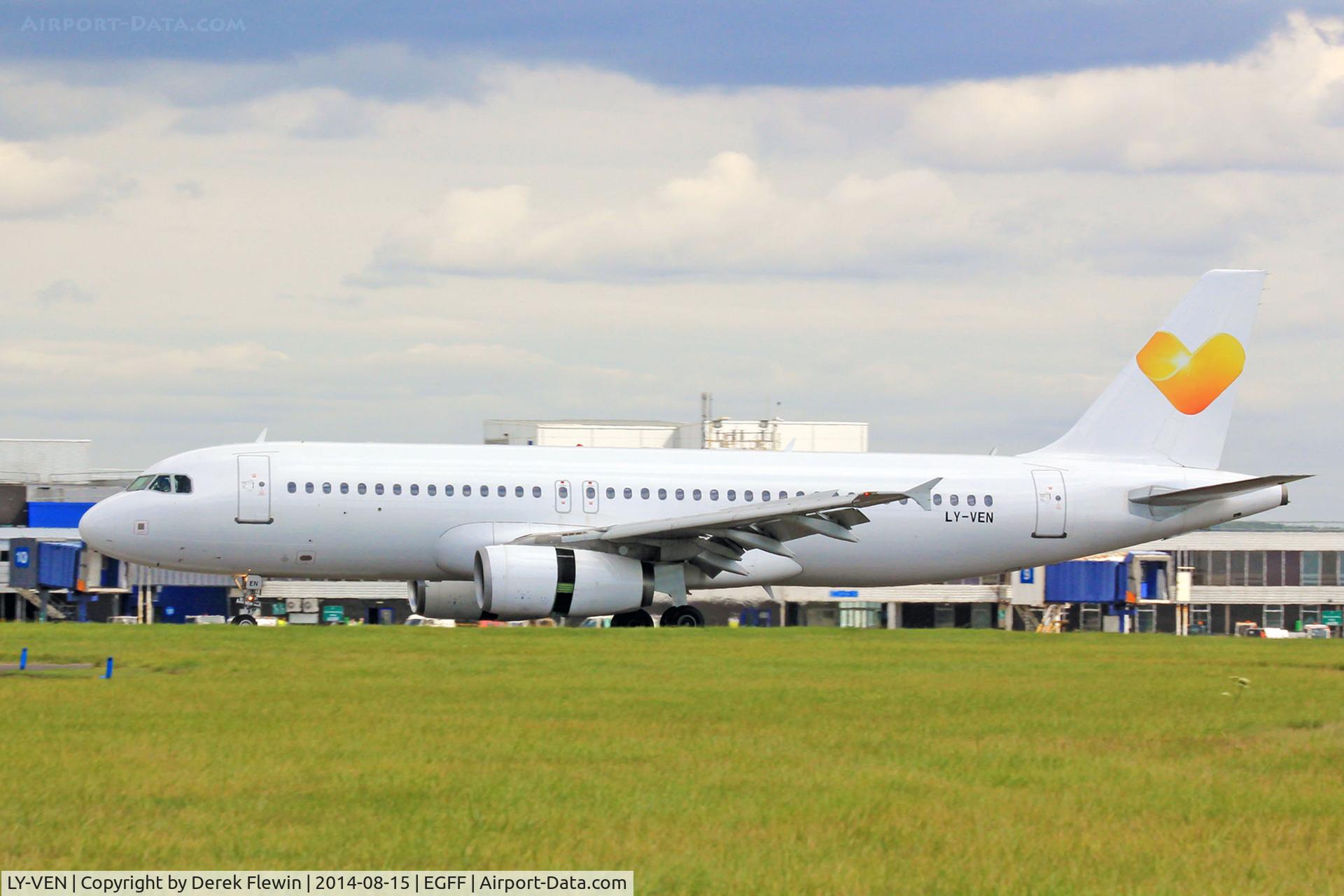 LY-VEN, 2001 Airbus A320-233 C/N 1626, Cardiff based, Thomas Cook Airlines A320-233, callsign Kestrel 56PR, seen landing on runway 30 at EGFF, reverse thruster doors open,  out of Mahon.