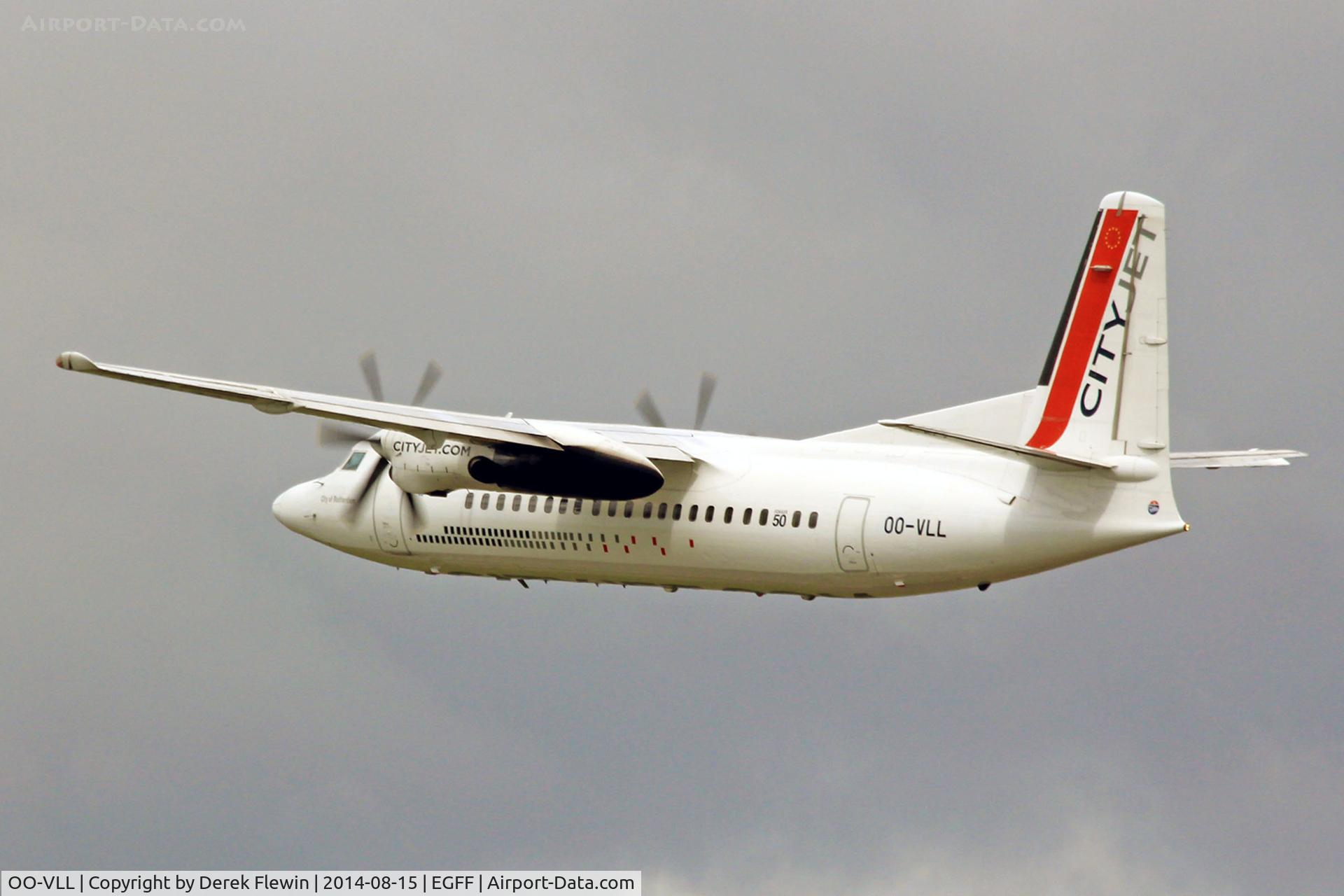 OO-VLL, 1989 Fokker 50 C/N 20144, London City based, Fokker F50, callsign City Ireland 32F, seen departing runway 30 at EGFF, en-route to Glasgow.