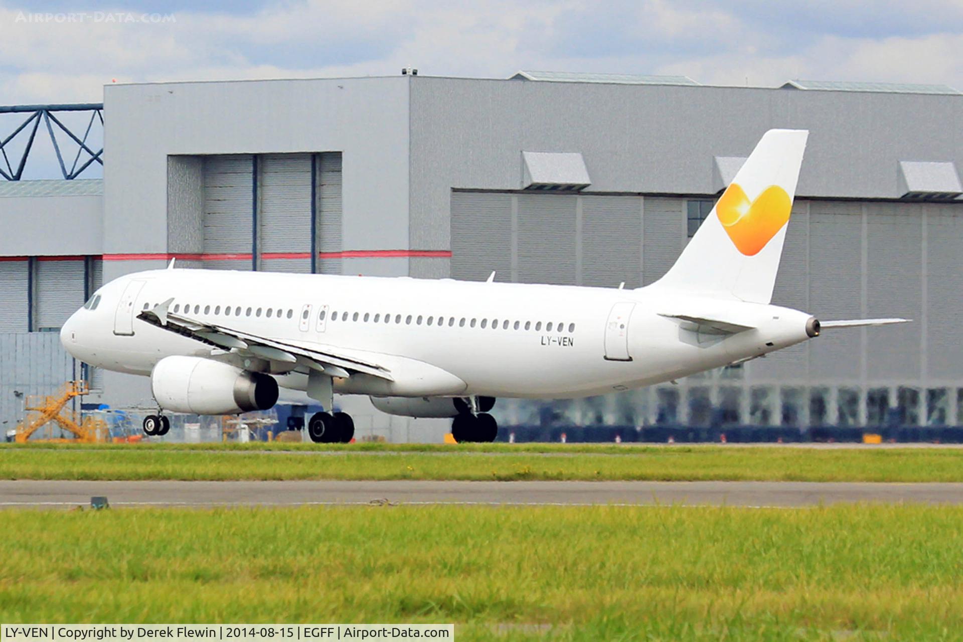 LY-VEN, 2001 Airbus A320-233 C/N 1626, Cardiff based, Thomas Cook Airlines, A320-233, call sign Kestrel 14AB, seen departing runway 30 at EGFF, en-route Tenerife Sur.