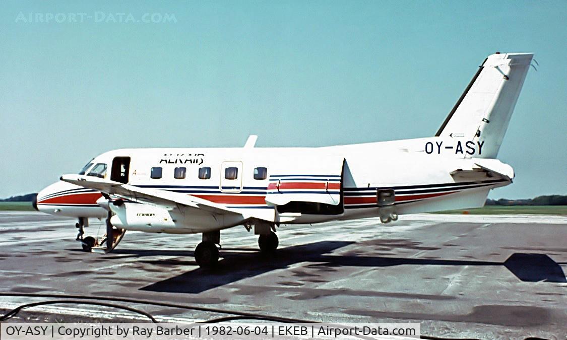 OY-ASY, 1980 Embraer EMB-110P1 Bandeirante C/N 110308, Embraer EMB-110P1 Bandeirante [110308] (Alkair Flight Operations) Esbjerg~OY 04/06/1982. From a slide.