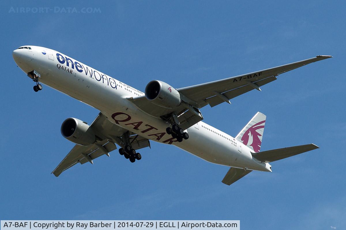 A7-BAF, 2009 Boeing 777-3DZ/ER C/N 37661, Boeing 777-3DZER [37661] (Qatar Airways) Home~G 29/07/2014. On approach 27R now with 