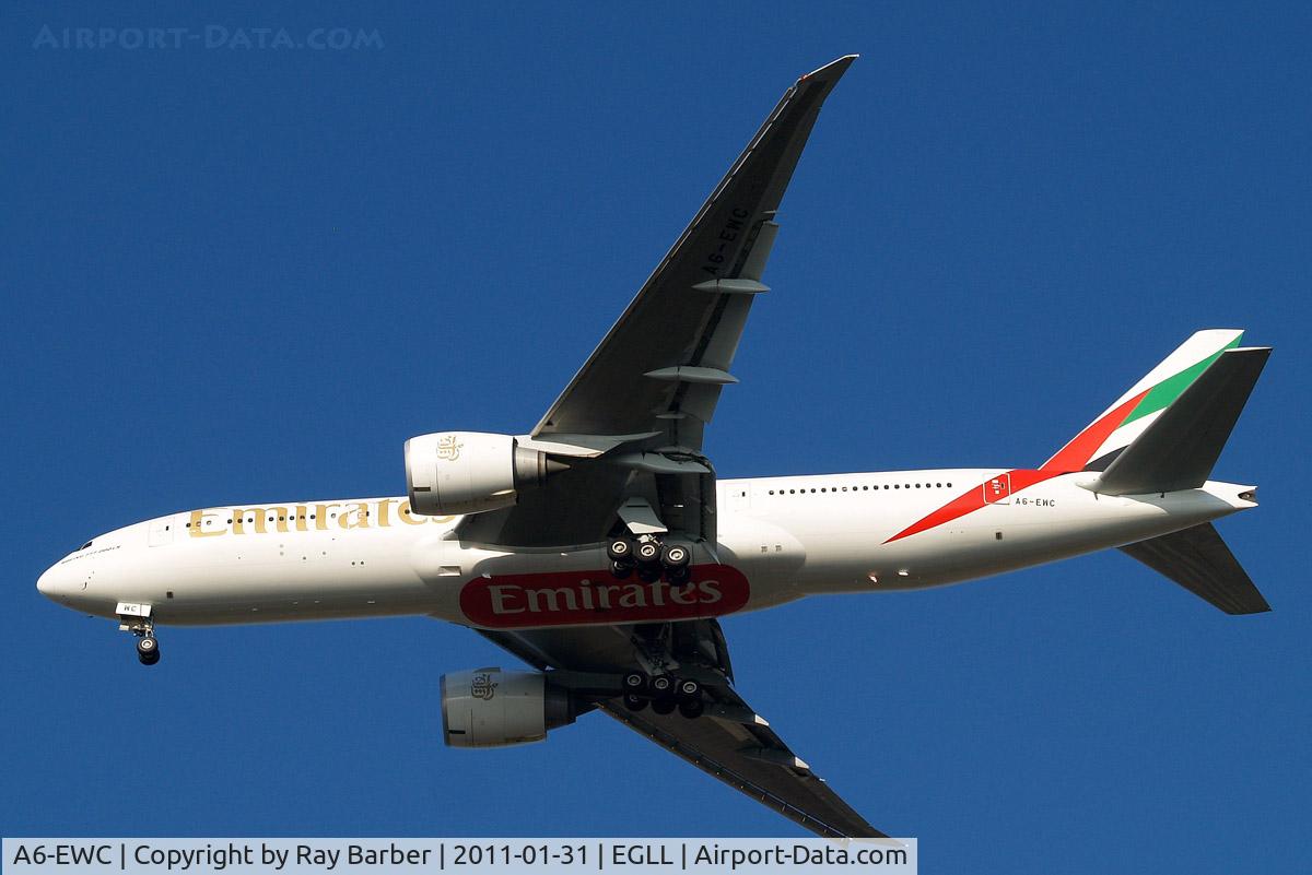 A6-EWC, 2007 Boeing 777-21H/LR C/N 35576, Boeing 777-21HLR [35576] (Emirates Airlines) Home~G 31/01/2011. On approach 27R.