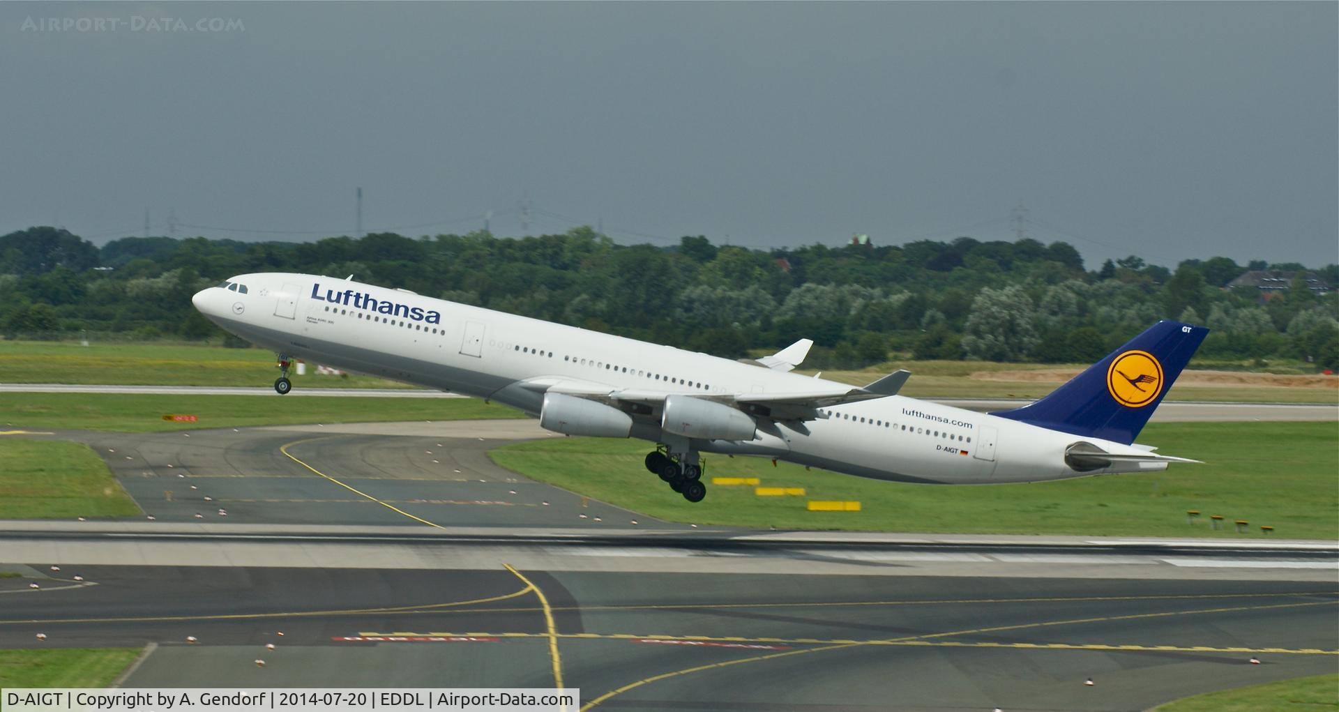 D-AIGT, 1999 Airbus A340-313 C/N 304, Lufthansa, is here lifting off at Düsseldorf Int'l(EDDL), bound for Chicago O'Hare(KORD)