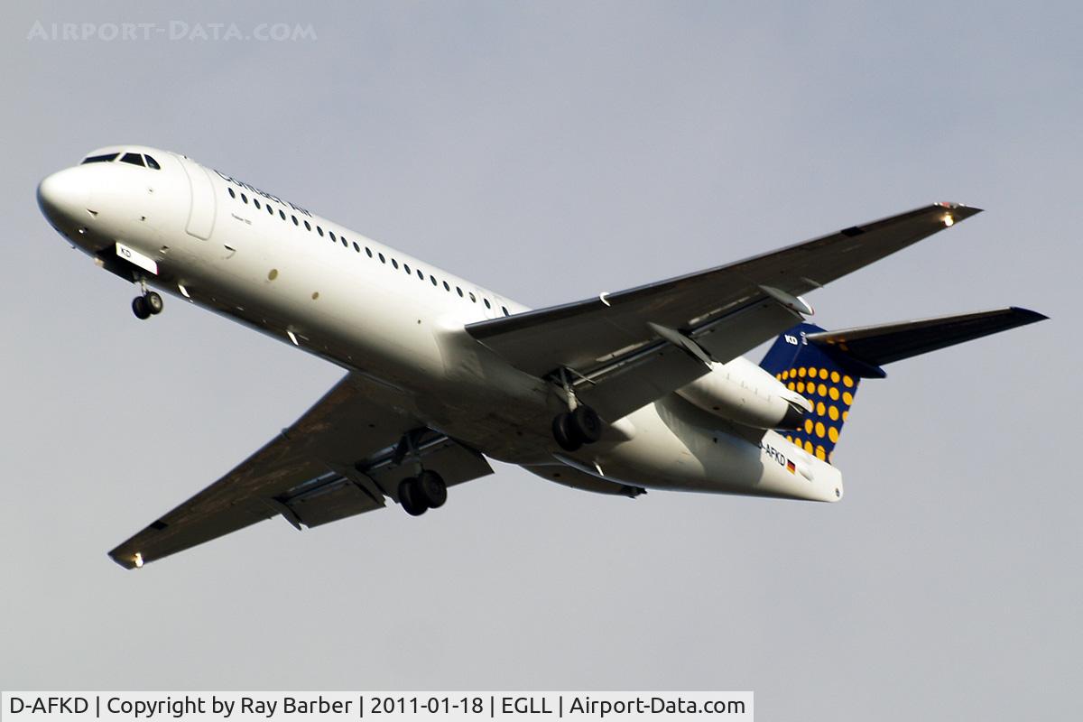 D-AFKD, 1995 Fokker 100 (F-28-0100) C/N 11500, Fokker F-100 [11500] (Contact Air/Lufthansa Regional) Home~G 18/01/2011. On approach 27R.