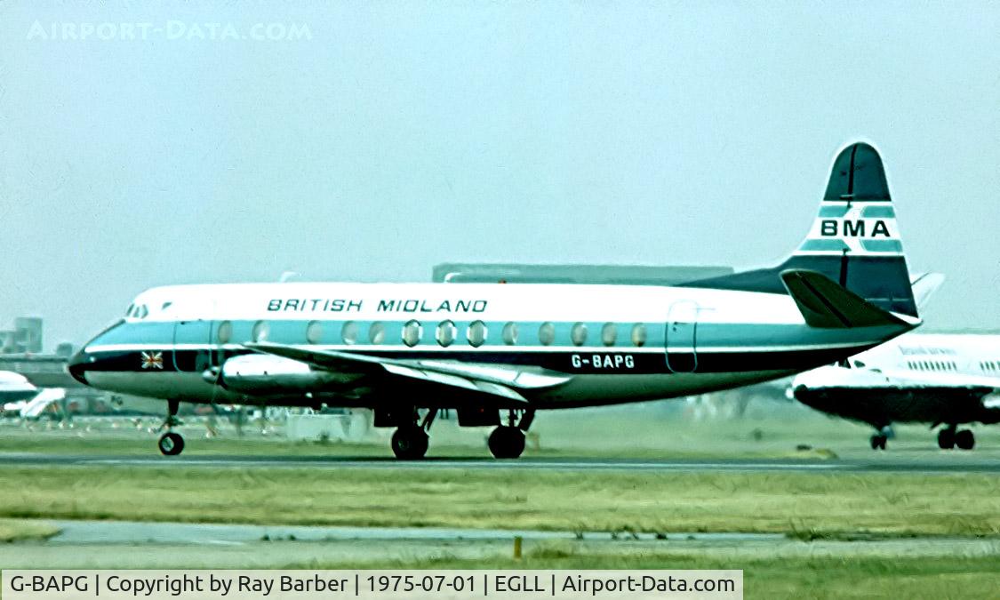 G-BAPG, 1959 Vickers Viscount 814 C/N 344, Vickers 814 Viscount [344] (British Midland Airways) Heathrow~G 01/07/1975. Date approximate from a slide.