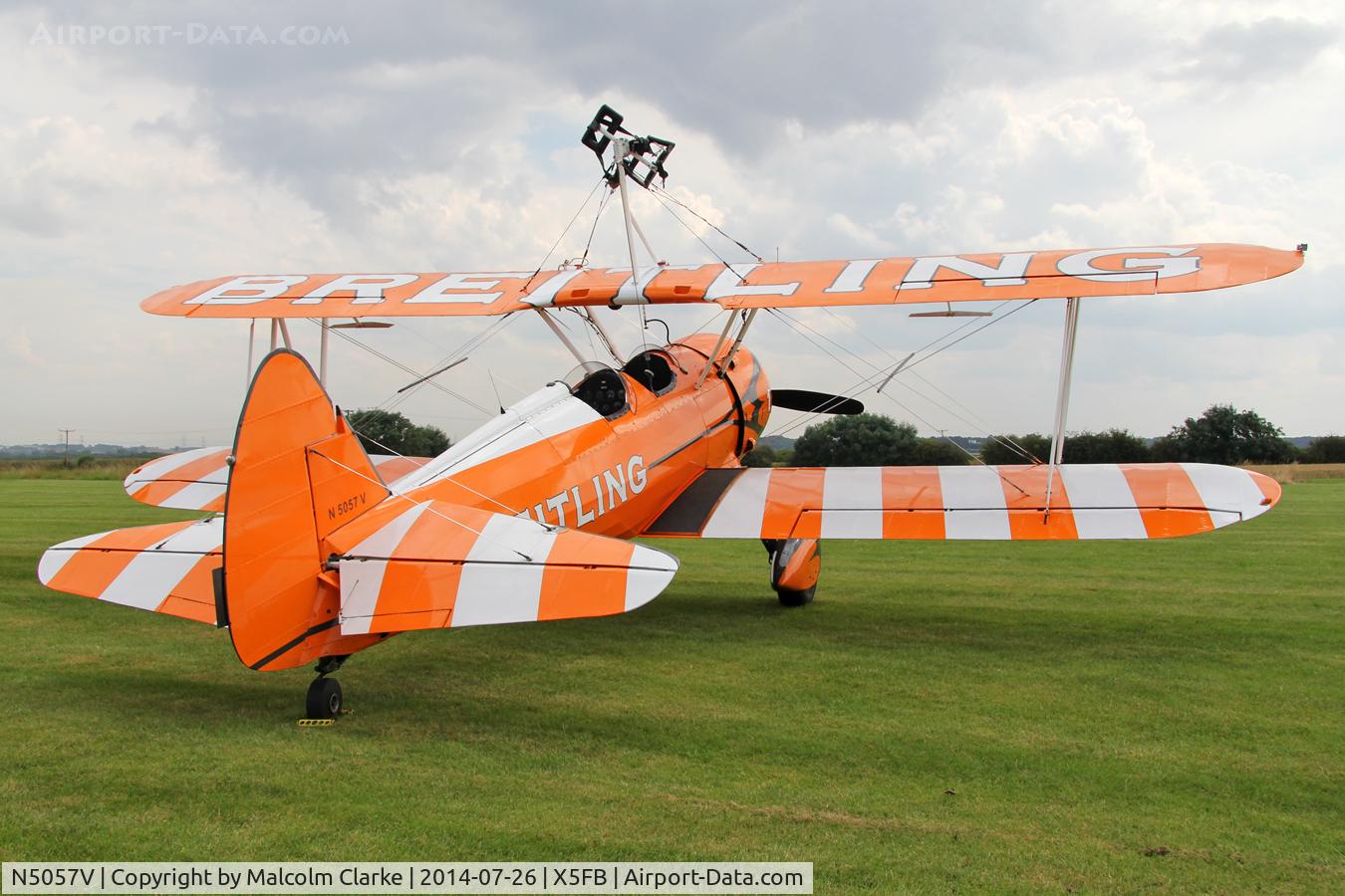 N5057V, 1942 Boeing A75N1(PT17) C/N 75-5598, Boeing B75N-1 Stearman prior to a wing walking performance at the 2014 Sunderland Air Show. Fishburn Airfield, July 2014.