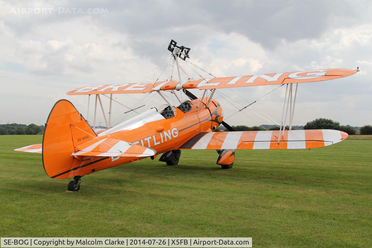 SE-BOG, 1942 Boeing N2S-3 Kaydet (B75N1) C/N 75-7128, Boeing B75N-1 Stearman prior to a wing walking performance at the 2014 Sunderland Air Show. Fishburn Airfield, July 2014.