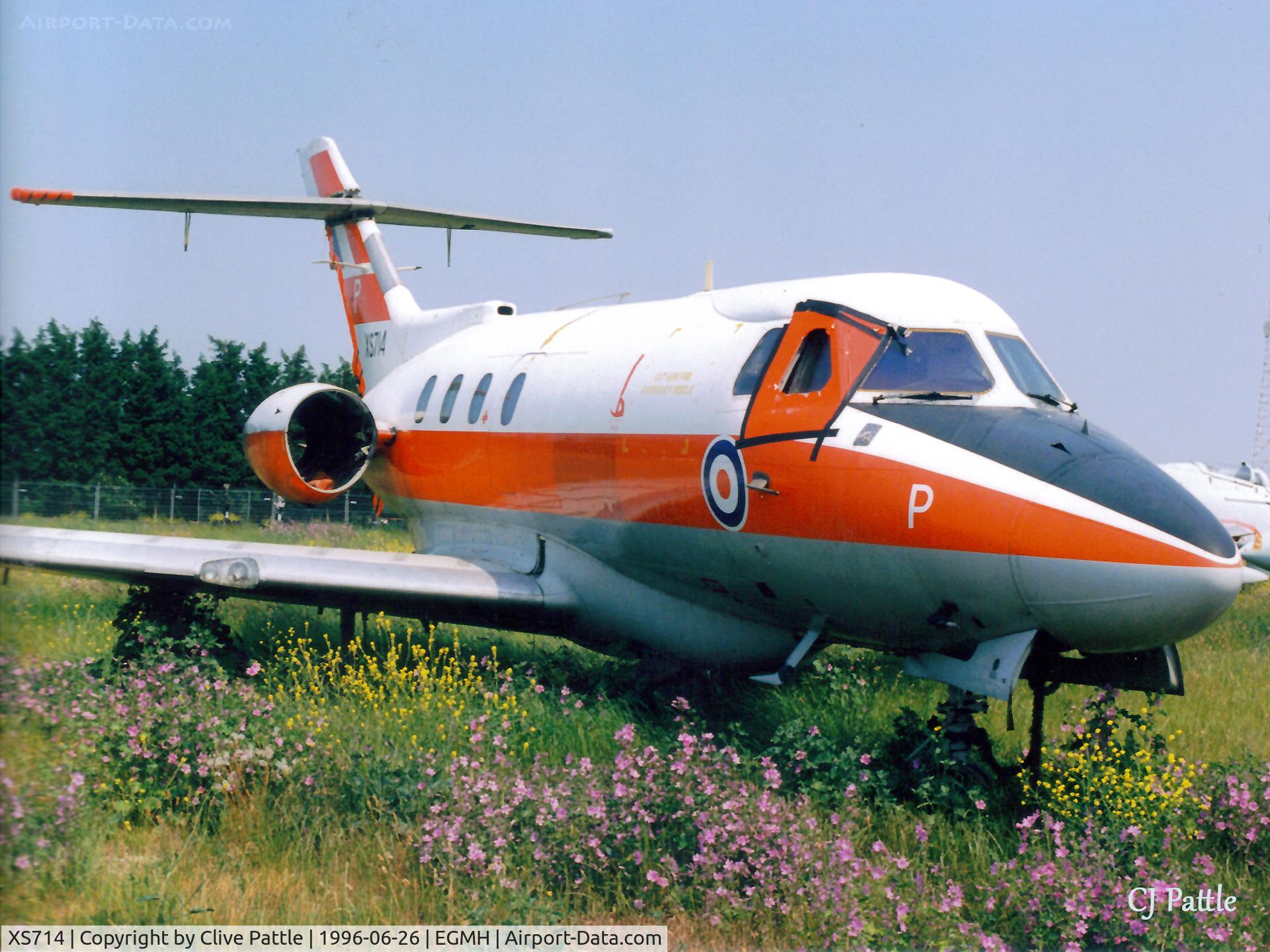 XS714, 1965 Hawker Siddeley HS.125 Dominie T.1 C/N 25054, Scanned from print. HS Dominie XS714 coded 'P' ex 6 FTS seen at the Fire Training Centre at RAF Manston EGMH June '96.
