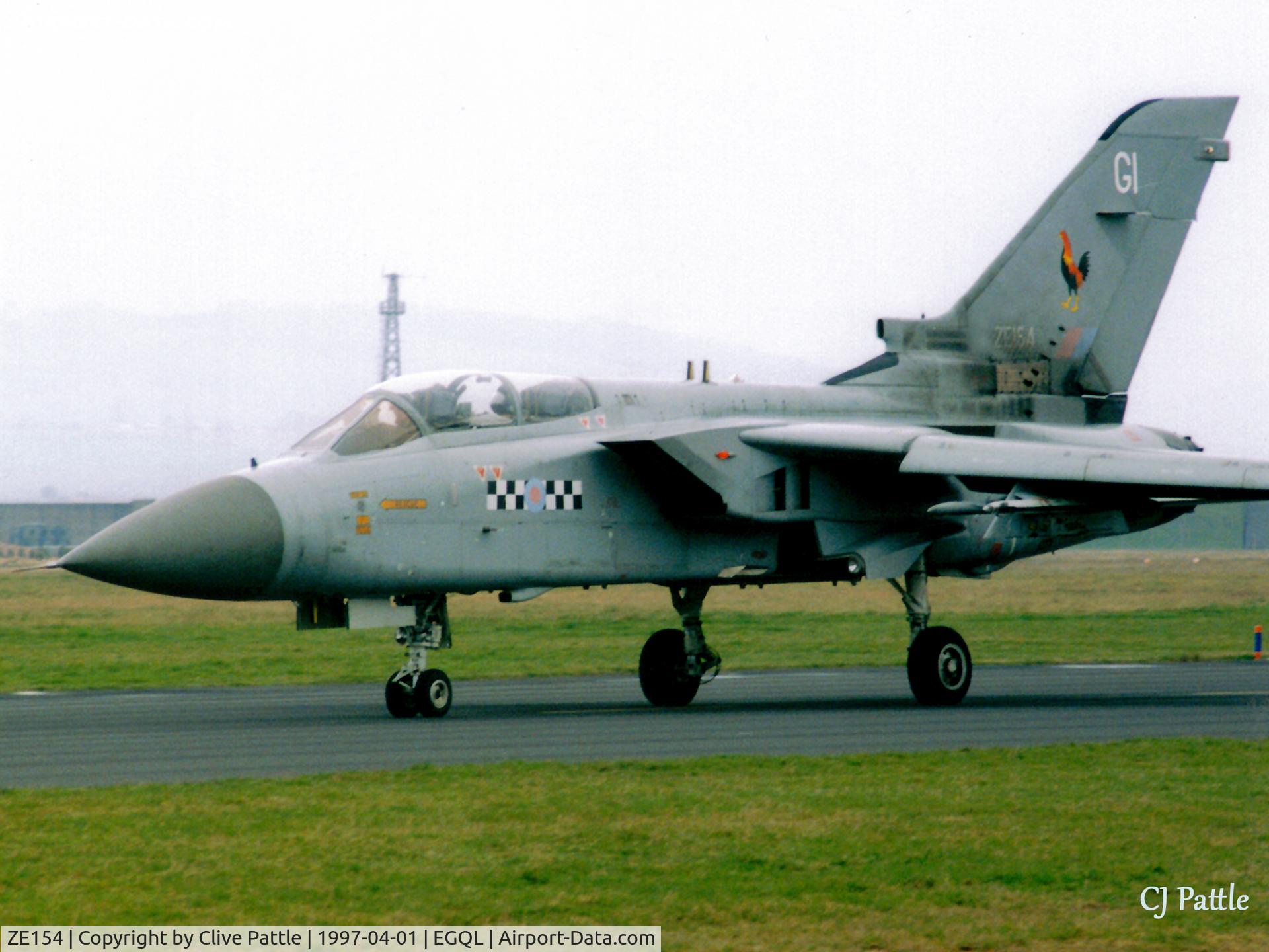 ZE154, 1985 Panavia Tornado F.3 C/N 201/IST008/5204, Scanned from print. Tornado F.3 ZE154 coded GI of 43 Sqn taxies out for take-off from Rwy 27 at RAF Leuchars Apr '97