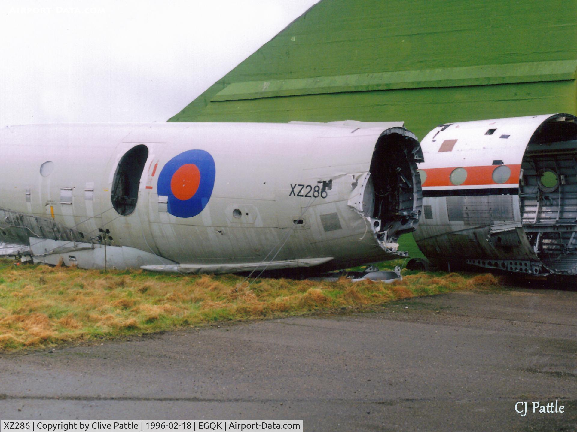 XZ286, British Aerospace Nimrod AEW.3 C/N 8048, Scanned from print - rear fuselage section of Nimrod AEW.3 XZ286/8968M pictured at the BDRT section at RAF Kinloss in Feb '96. Alongside is a portion of Comet 4C XR396/G-BDIU