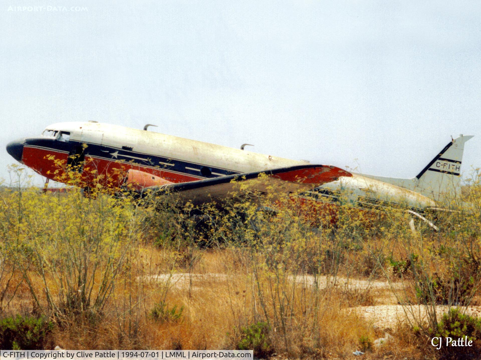C-FITH, 1944 Douglas C-47A Skytrain C/N 20228, Scanned from print. Dakota C-FITH at the International Fire Training Centre, Hal Far (disused), Malta in '94. Later saved for preservation. ICAO LMML used for reference/search purposes only.