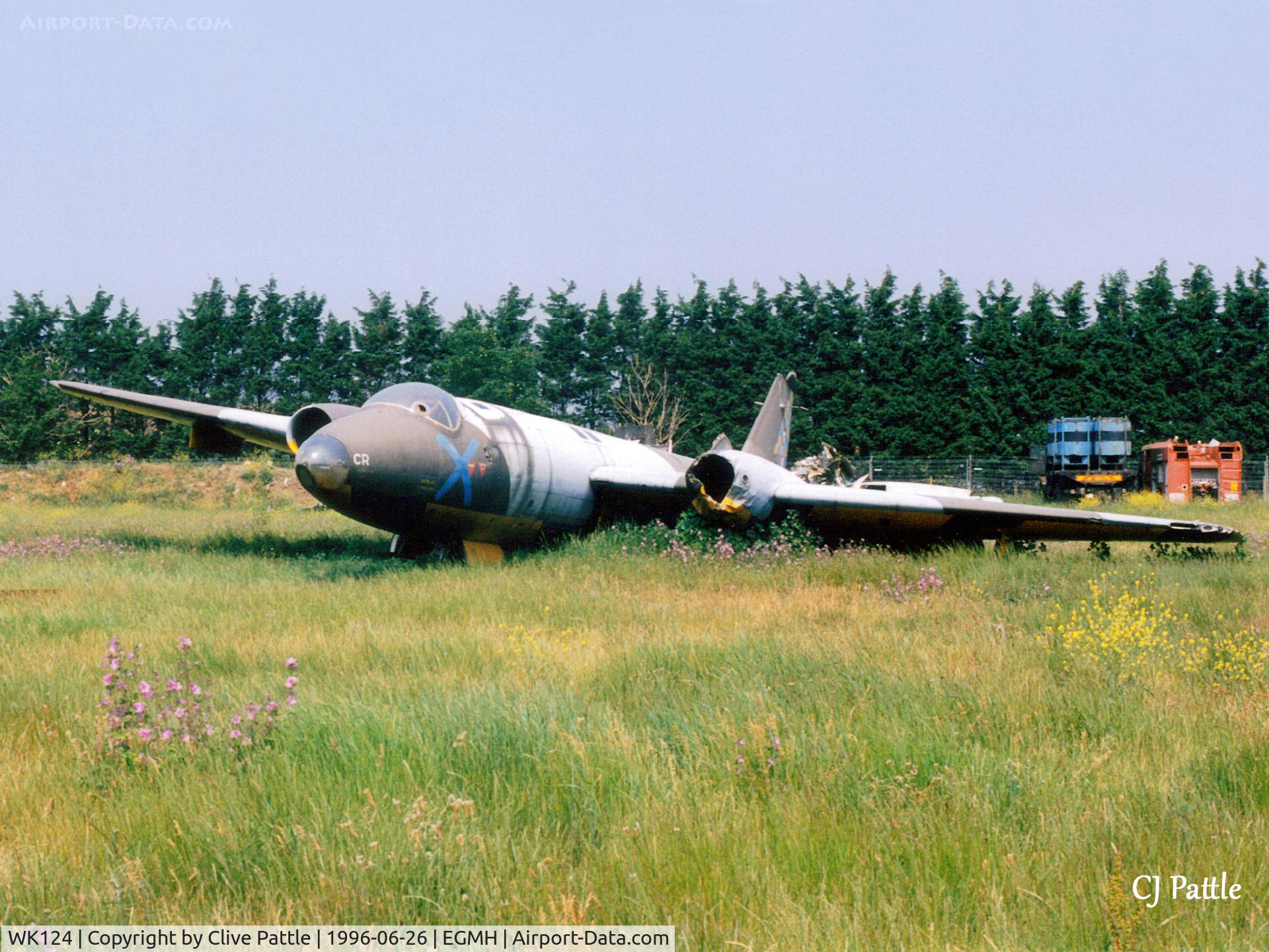 WK124, 1954 English Electric Canberra TT.18 C/N R3/EA3/6638, Scanned from print. Ex 100 Sqn Canberra TT.18 WK124 coded CR at the Fire Training Centre, RAF Manston in June '96