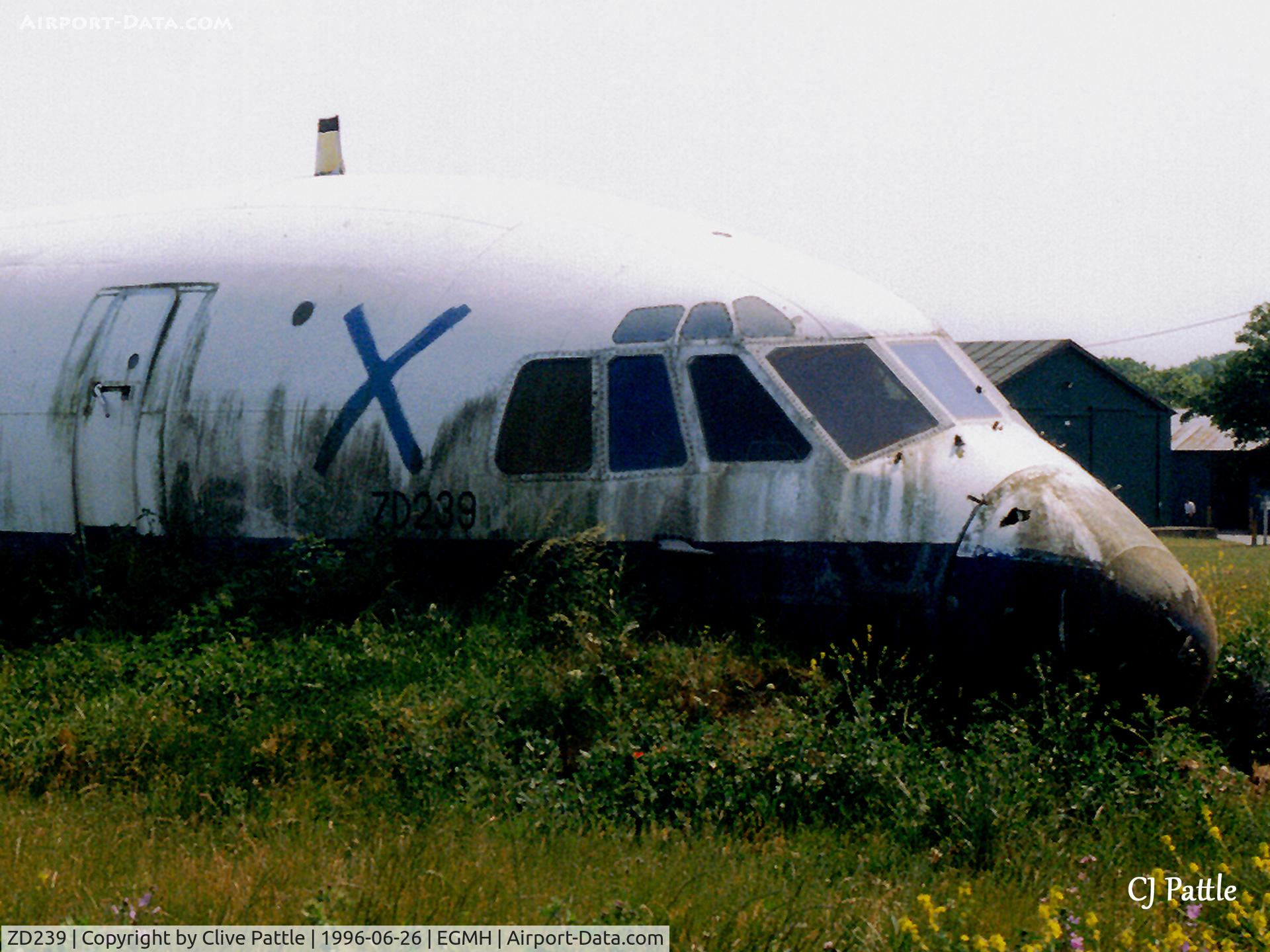 ZD239, 1967 Vickers Super VC10 Srs 1151 C/N 861, Scanned from print. Front fuselage of ZD239 still in its British Airways colour scheme when it was G-ASGK,  at the Fire Training Dept RAF Manston in June 1996.