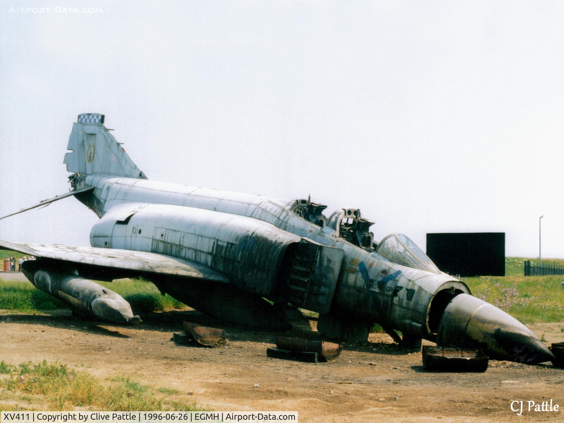 XV411, 1969 McDonnell Douglas Phantom FGR2 C/N 2973, Scanned from print. Phantom FGR.2 XV411/9103M at the Fire Training Centre RAF Manston June 1996