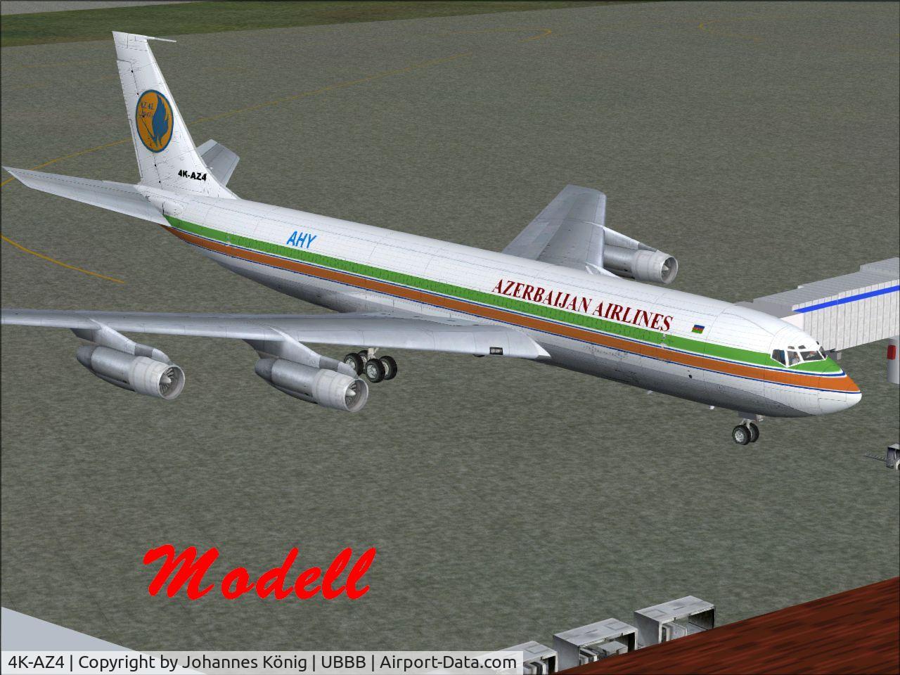 4K-AZ4, 1967 Boeing 707-399C C/N 19415, Freeware modell of 4K-AZ4 in its 1998 Az Al Cargo livery for MS Flight Simulator 9.
To be replaced by a real photo.
Design copyright of Historic Jetliners Group,,Gary Carlson
Livery by Ben Hartmann, 2007