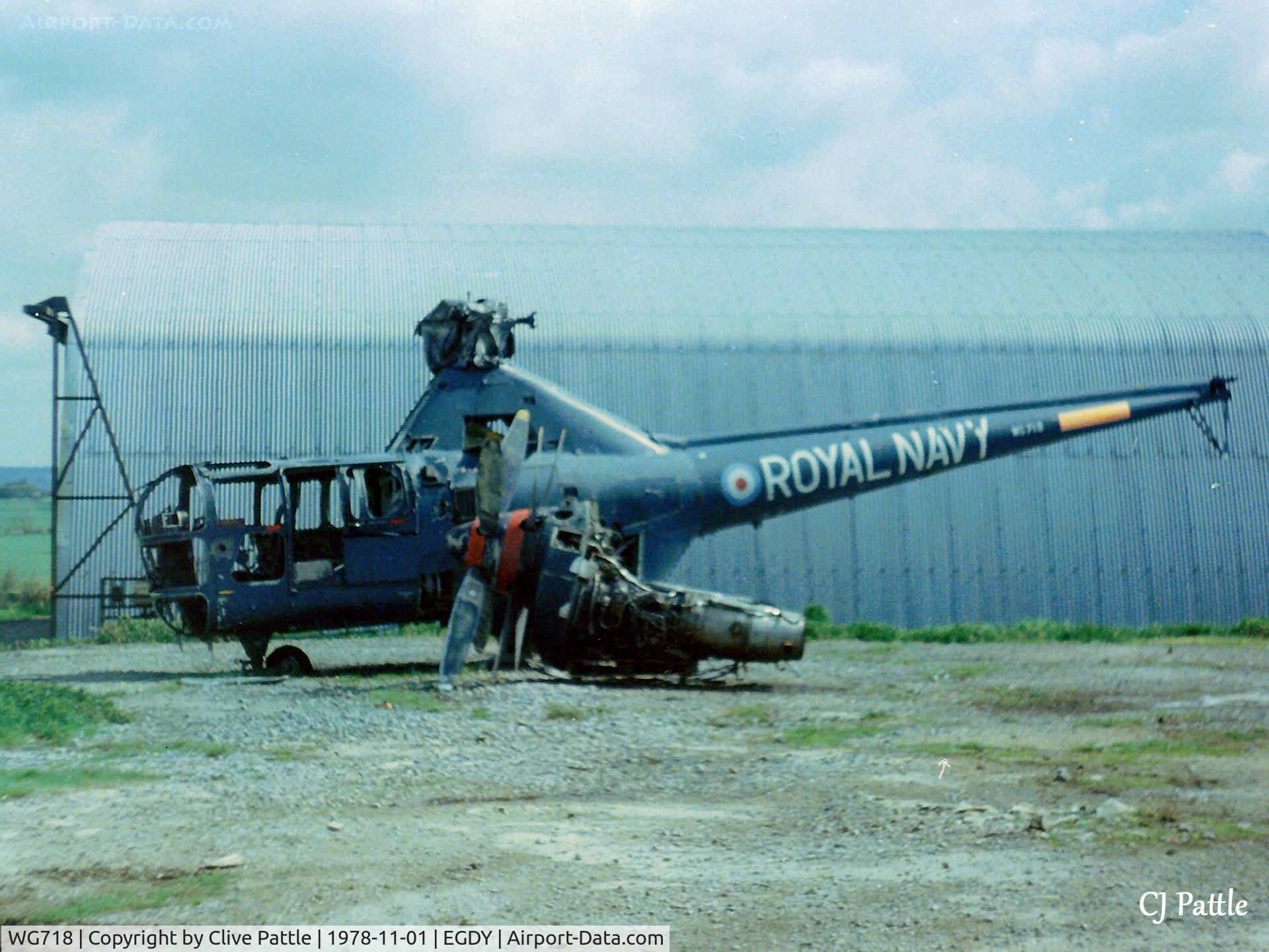 WG718, 1950 Westland WS.51 Dragonfly HR.3 C/N WA/H/49, Scanned from print. Dragonfly HR.3 WG718 (FAAM reject) on the fire dump at RNAS Yeovilton November '78. In foreground is propeller assembly from nearby Gannet COD.4  XA454 (see photo)