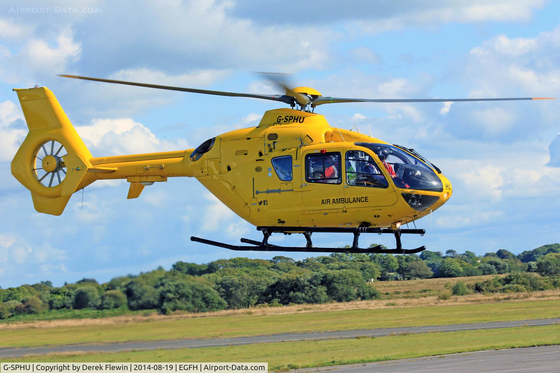 G-SPHU, 2002 Eurocopter EC-135T-2 C/N 0245, Bond's spare frame, Eurocopter EC-135T-2, seen hover taxxing for a runway 28 departure at EGFH, en-route to Welshpool.