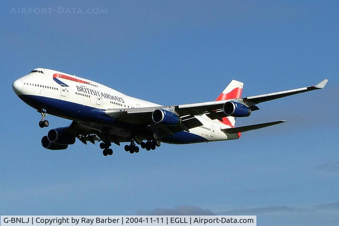 G-BNLJ, 1990 Boeing 747-436 C/N 24052, Boeing 747-436 [24052] (British Airways) Heathrow~G 11/11/2004. On finals 27L.