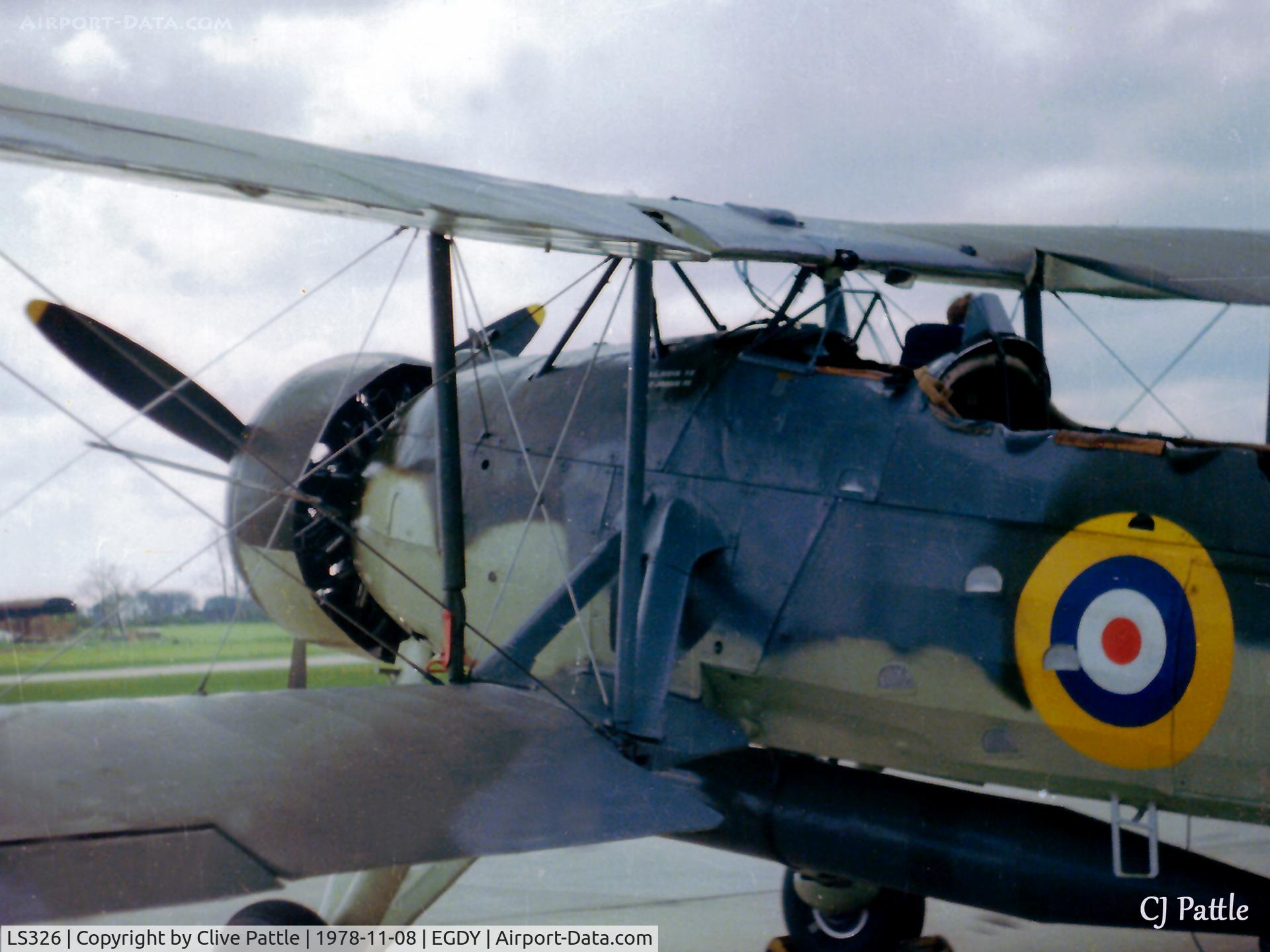LS326, 1943 Fairey Swordfish Mk.II C/N Not found LS326, Scanned from print. LS326 close-up pictured at its RNHF base at RNAS Yeovilton in November 1978.