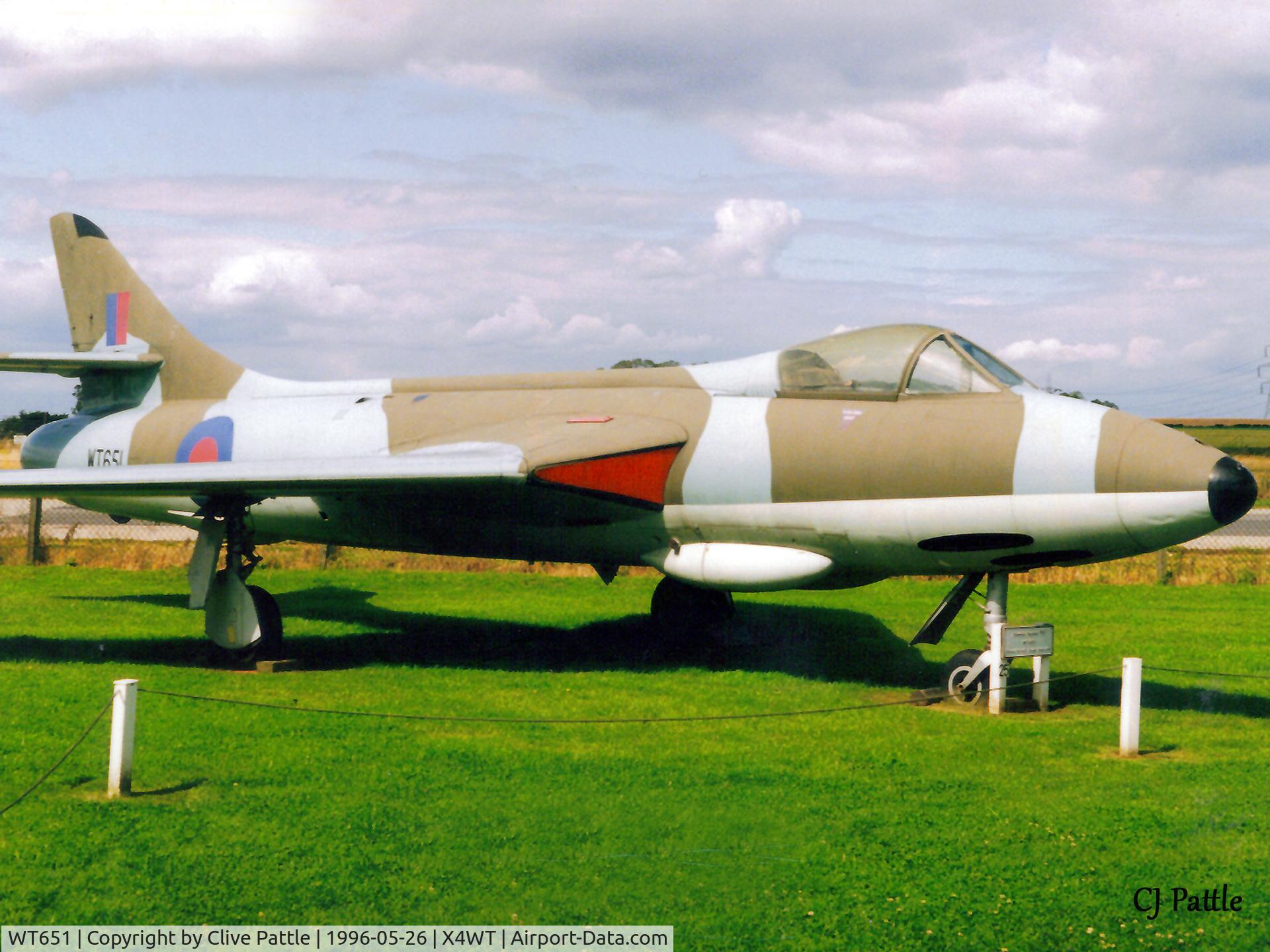 WT651, 1954 Hawker Hunter F.1 C/N 41H-665486, Scanned from print. Open air display for Hunter F.1 WT651/7532M at Newark Air Museum, Winthorpe in May 1996.